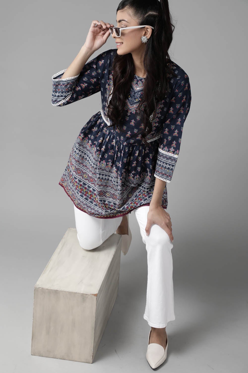Indigo cambric floral printed tunic