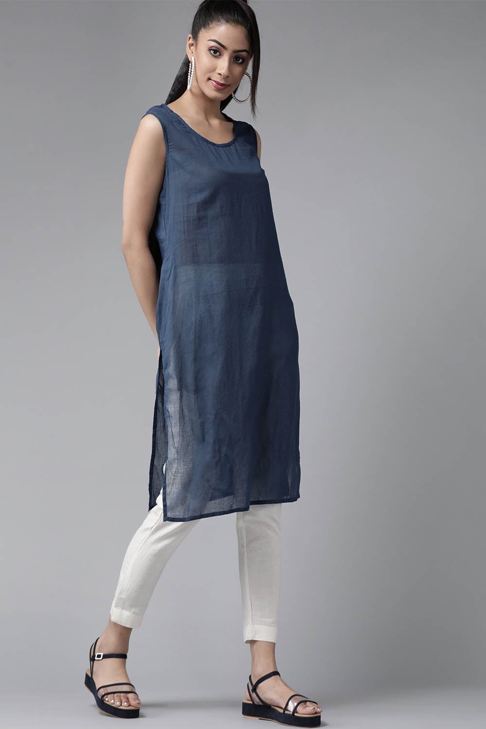 Navy georgette high and low printed tunic