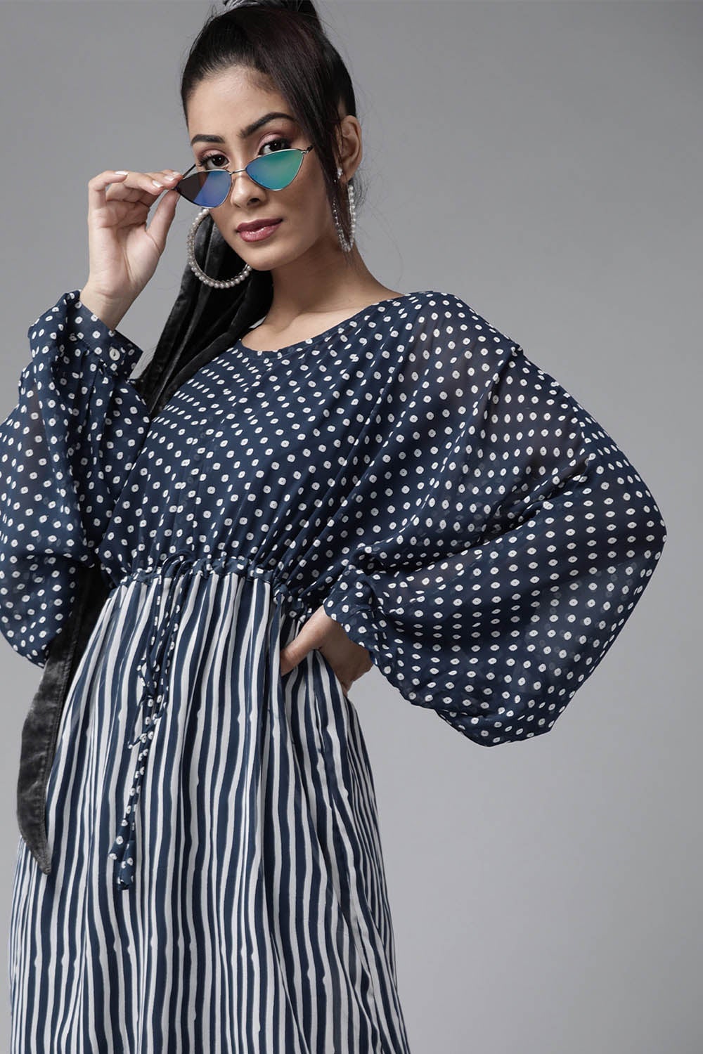 Navy georgette high and low printed tunic