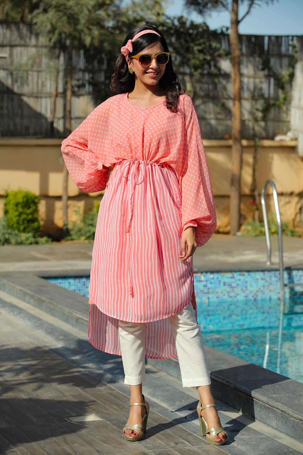 Juniper Peach Stripes Printed Georgette High-Low Tunic & Inner With Drawstring At Waist