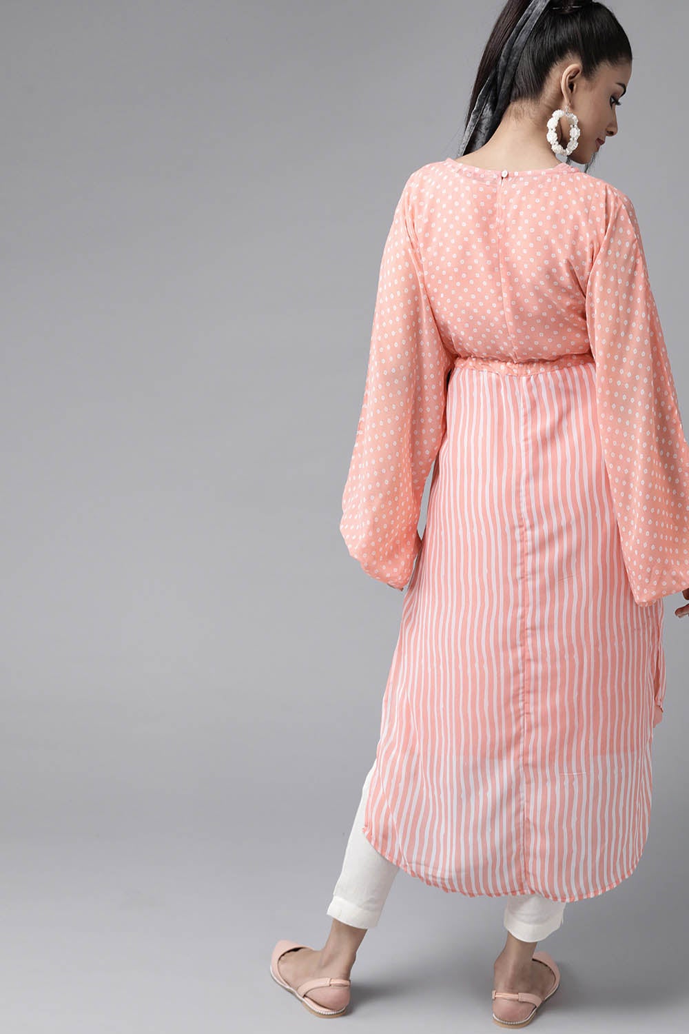 Juniper Peach Stripes Printed  Georgette High-Low Tunic & Inner With Drawstring At Waist