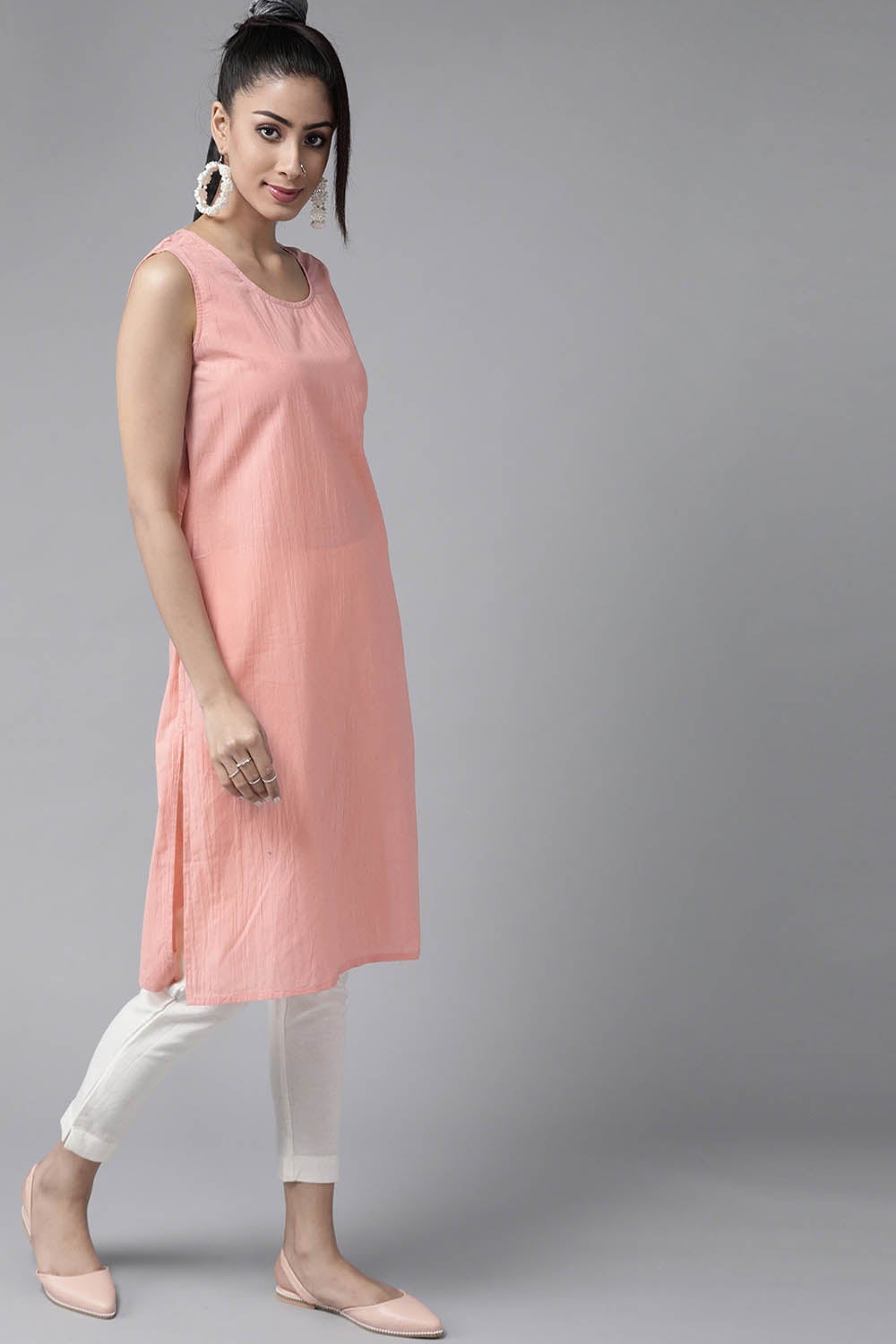 Juniper Peach Stripes Printed Georgette High-Low Tunic & Inner With Drawstring At Waist