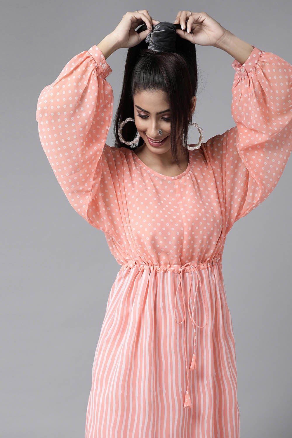 Juniper Peach Stripes Printed  Georgette High-Low Tunic & Inner With Drawstring At Waist