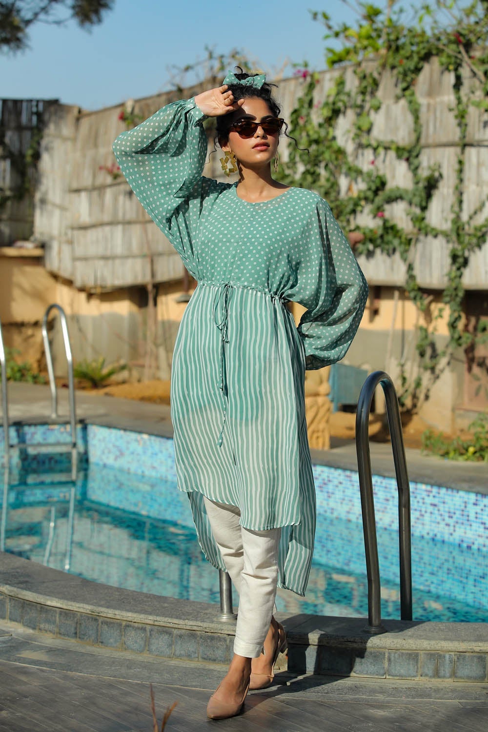 Juniper Sage Green Stripes Printed Georgette High-Low Tunic & Inner With Drawstring At Waist