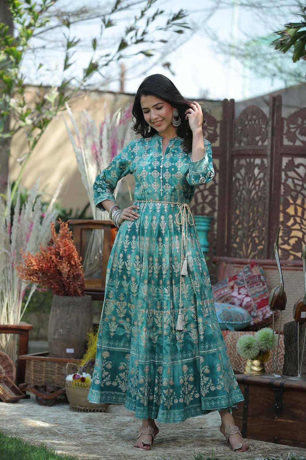 Juniper Teal LIVA Printed Flared Dress with Waist Tie-up