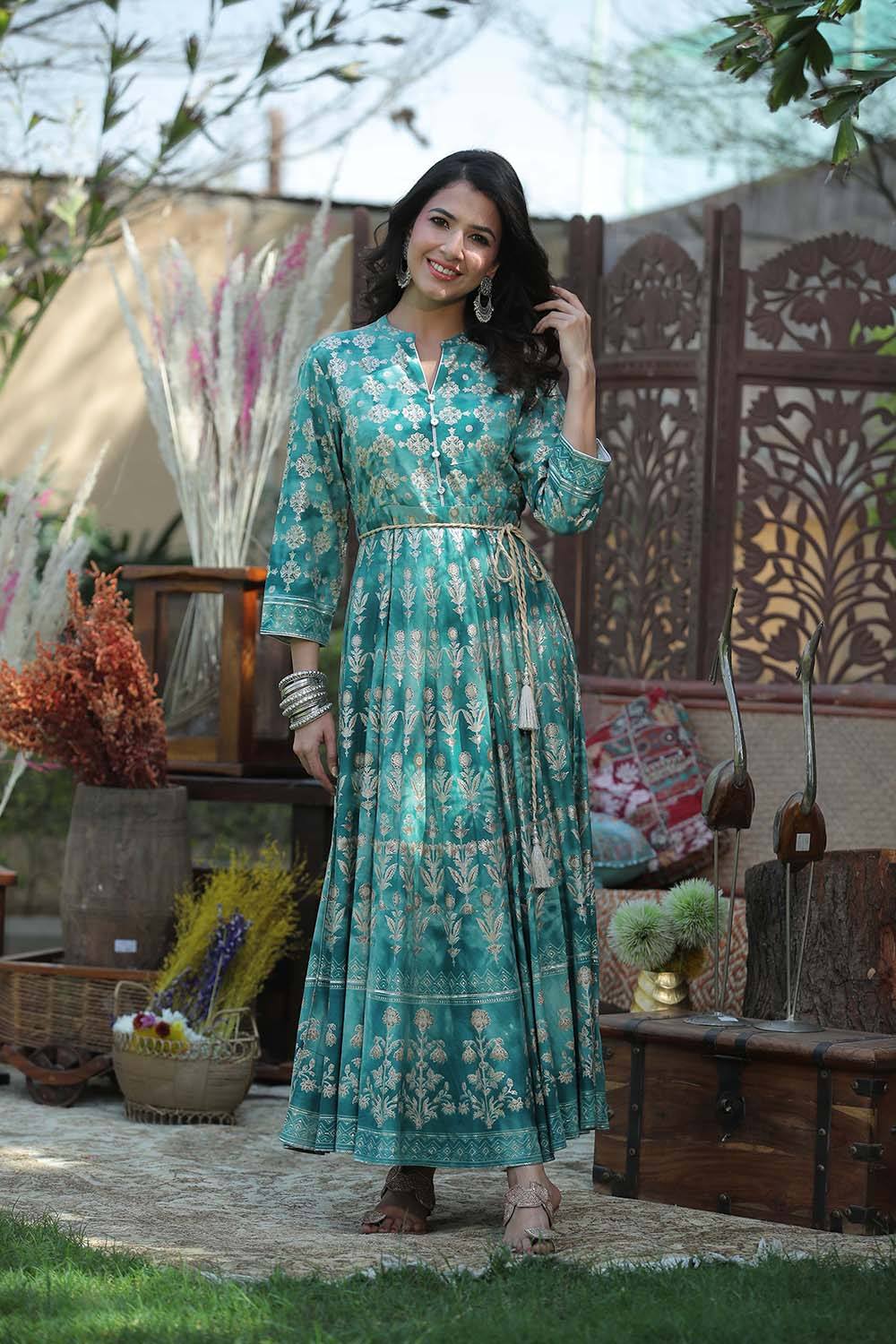 Juniper Teal LIVA Printed Flared Dress with Waist Tie-up