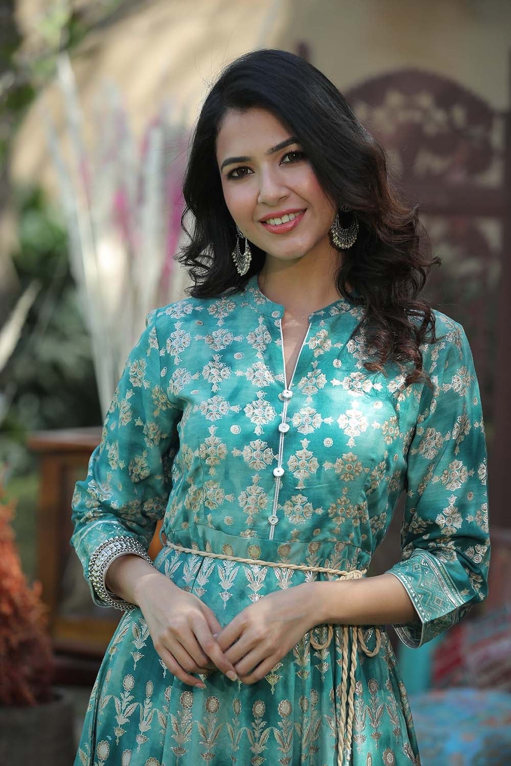 Juniper Teal LIVA Printed Flared Dress with Waist Tie-up