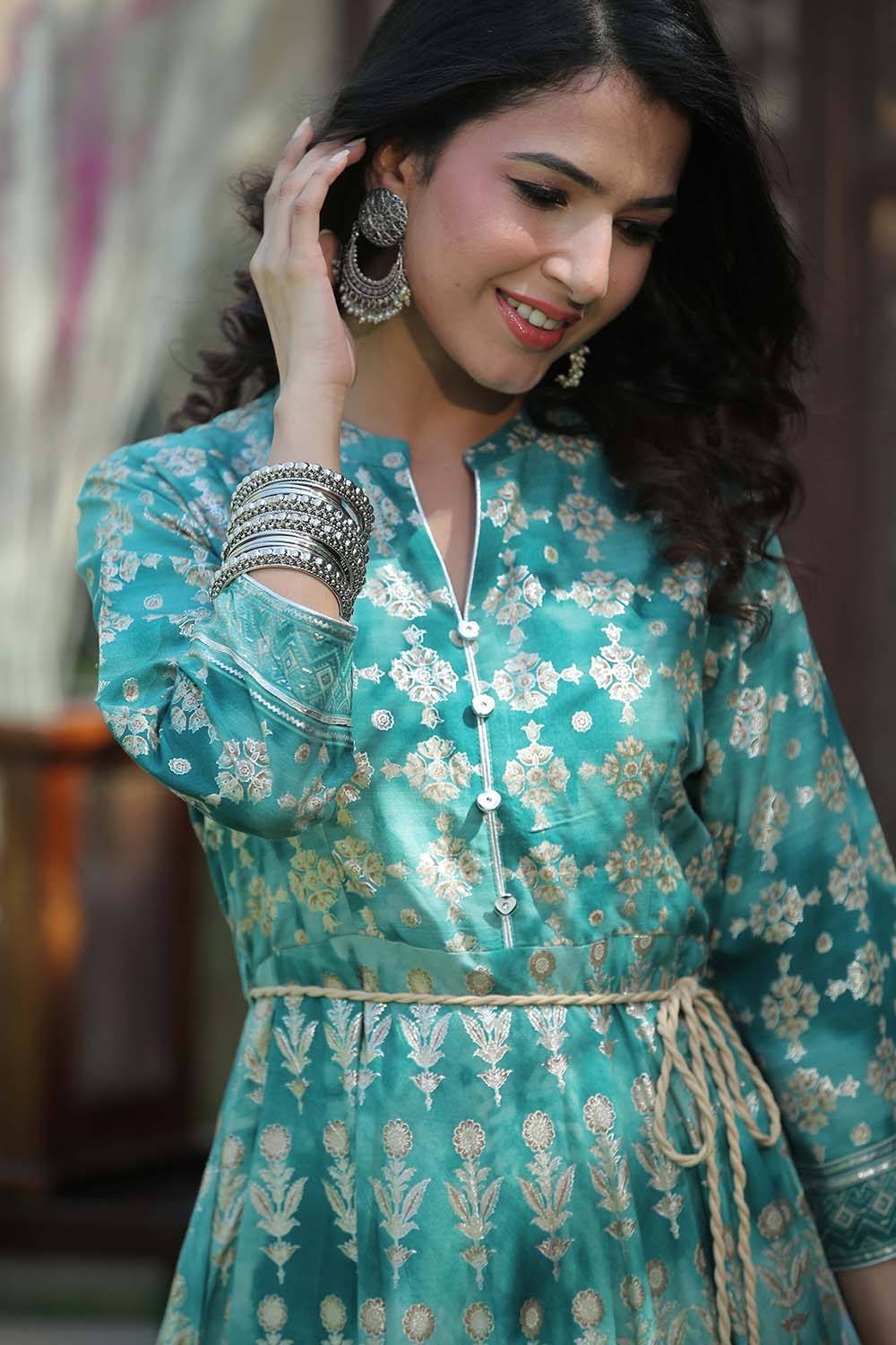 Juniper Teal LIVA Printed Flared Dress with Waist Tie-up