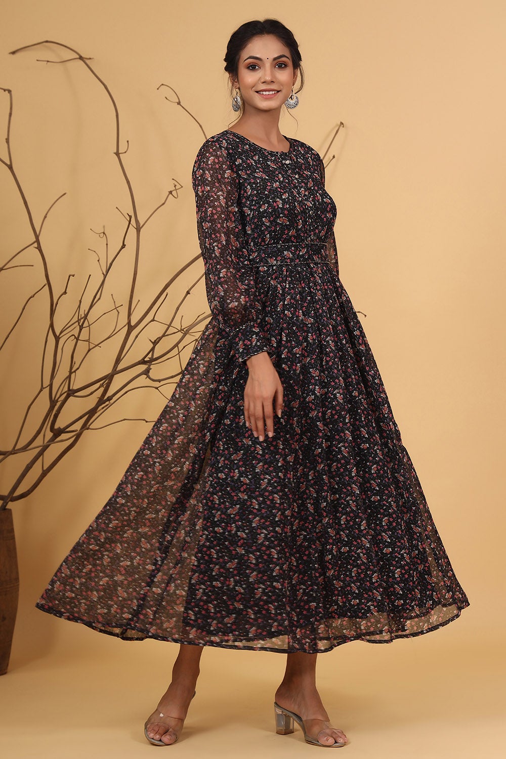 Juniper Navy Chiffon Flared Printed Dress With Tie-up Belt