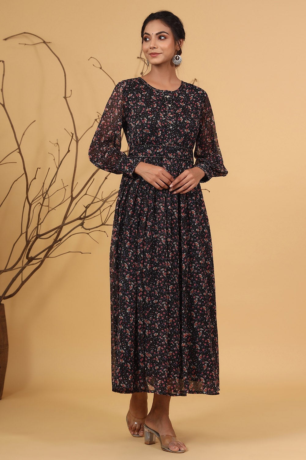 Juniper Navy Chiffon Flared Printed Dress With Tie-up Belt