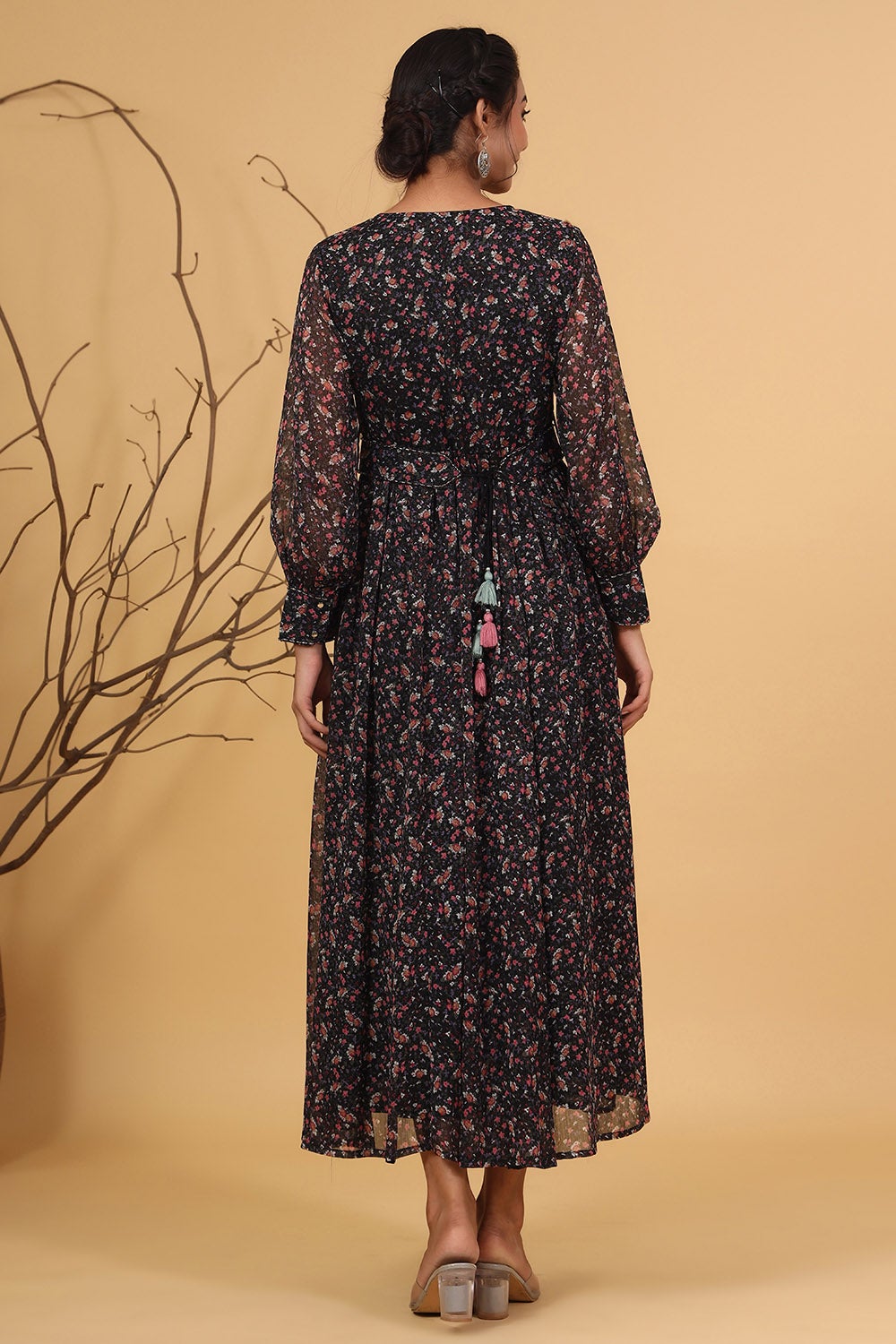 Juniper Navy Chiffon Flared Printed Dress With Tie-up Belt