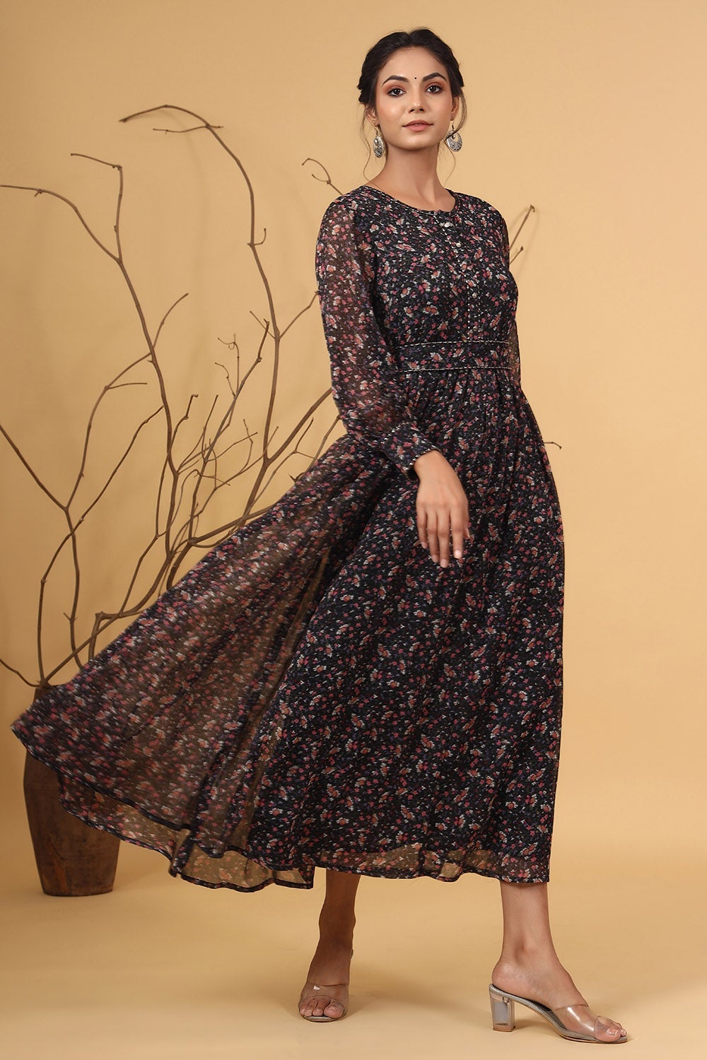 Juniper Navy Chiffon Flared Printed Dress With Tie-up Belt