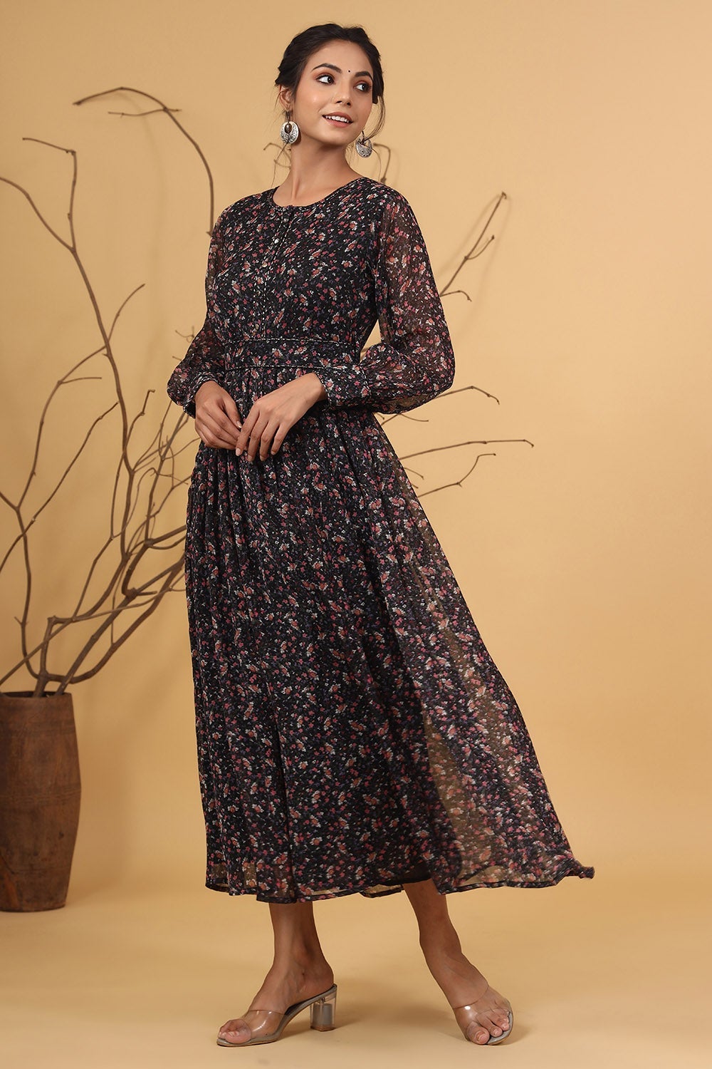 Juniper Navy Chiffon Flared Printed Dress With Tie-up Belt