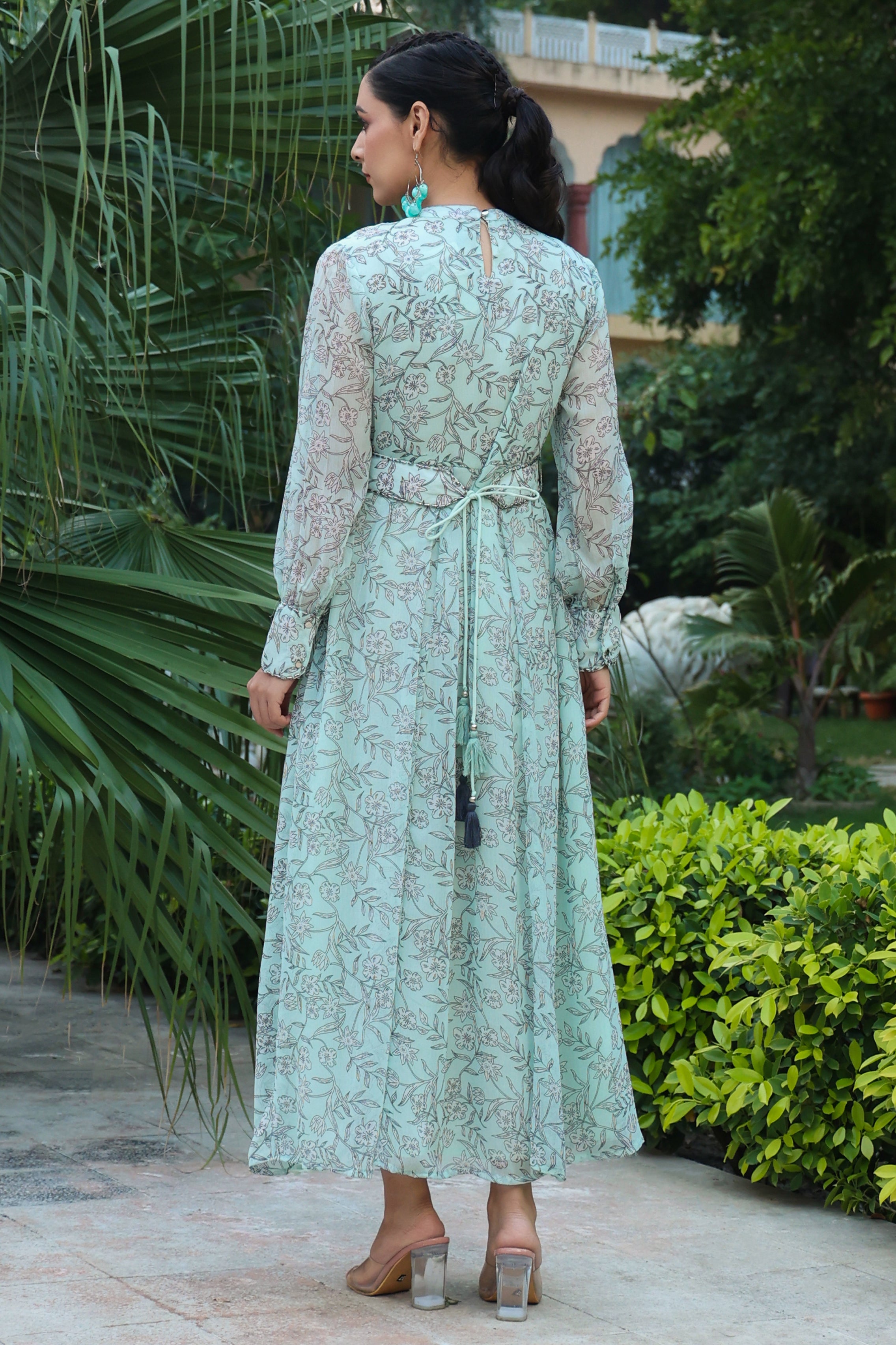 Juniper Sage Green Floral Printed Chiffon Flared Maxi Dress With Buttons