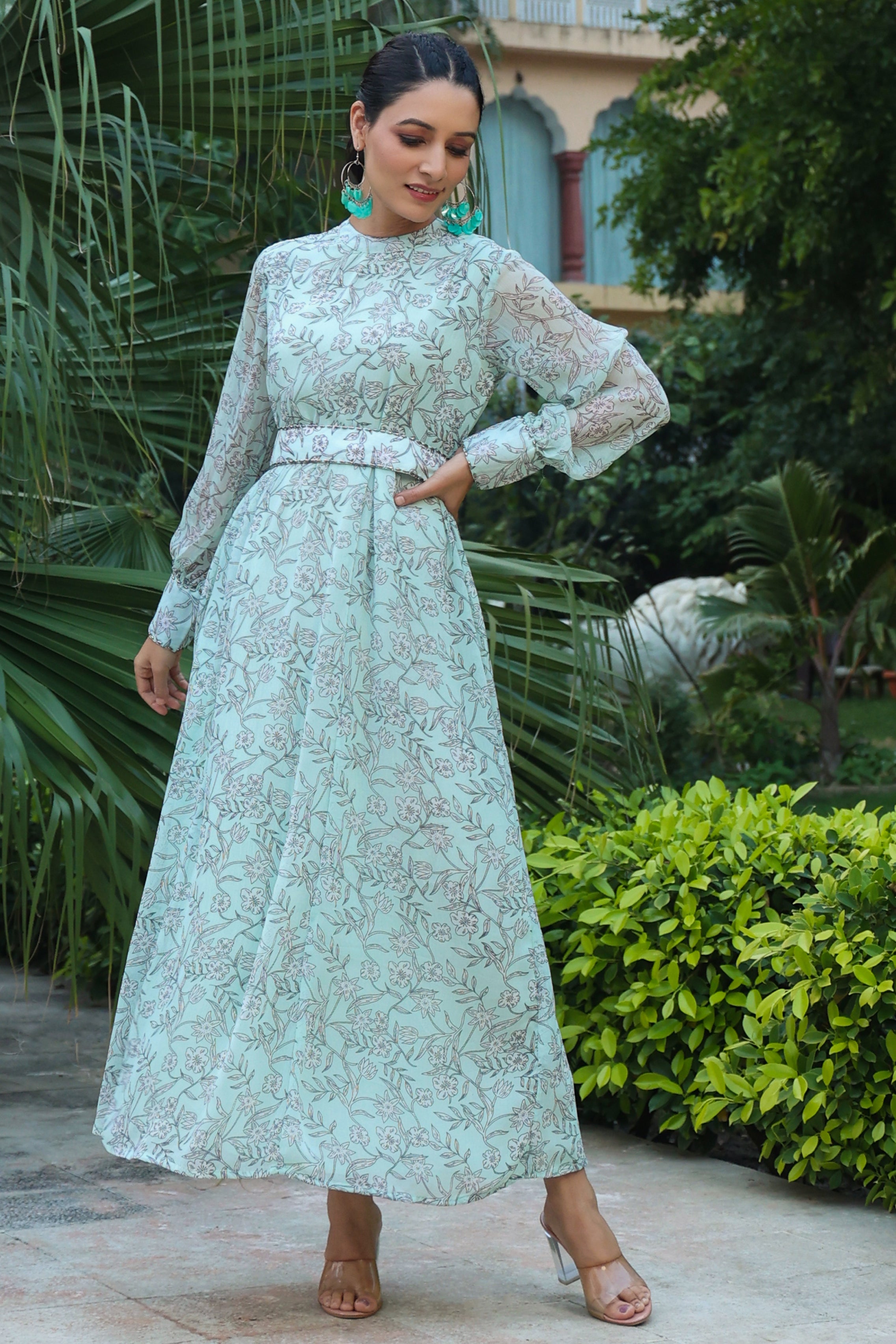 Juniper Sage Green Floral Printed Chiffon Flared Maxi Dress With Buttons