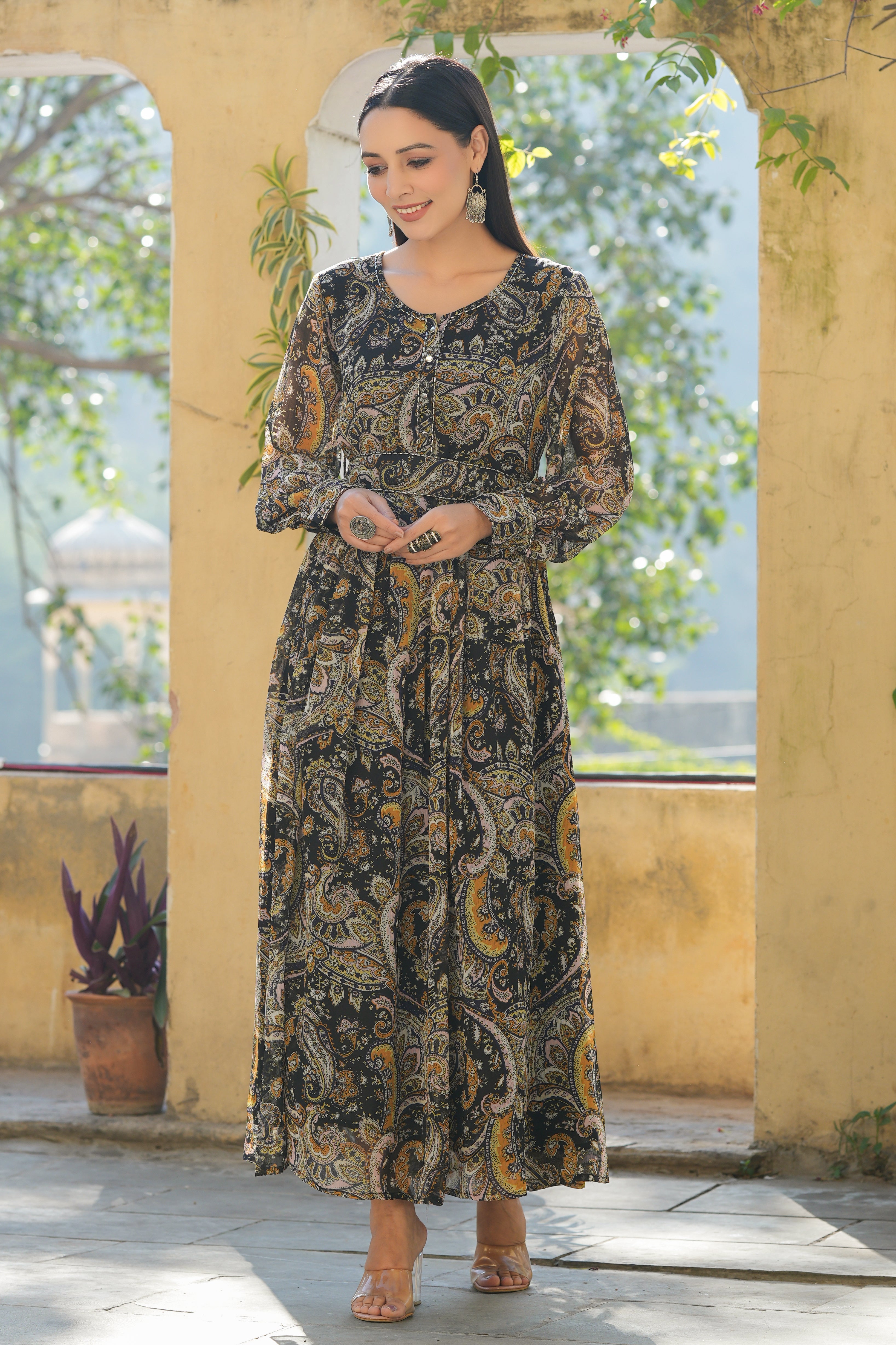 Juniper Black Alphin Chiffon  Flared Printed Dress With Tie-up Blet