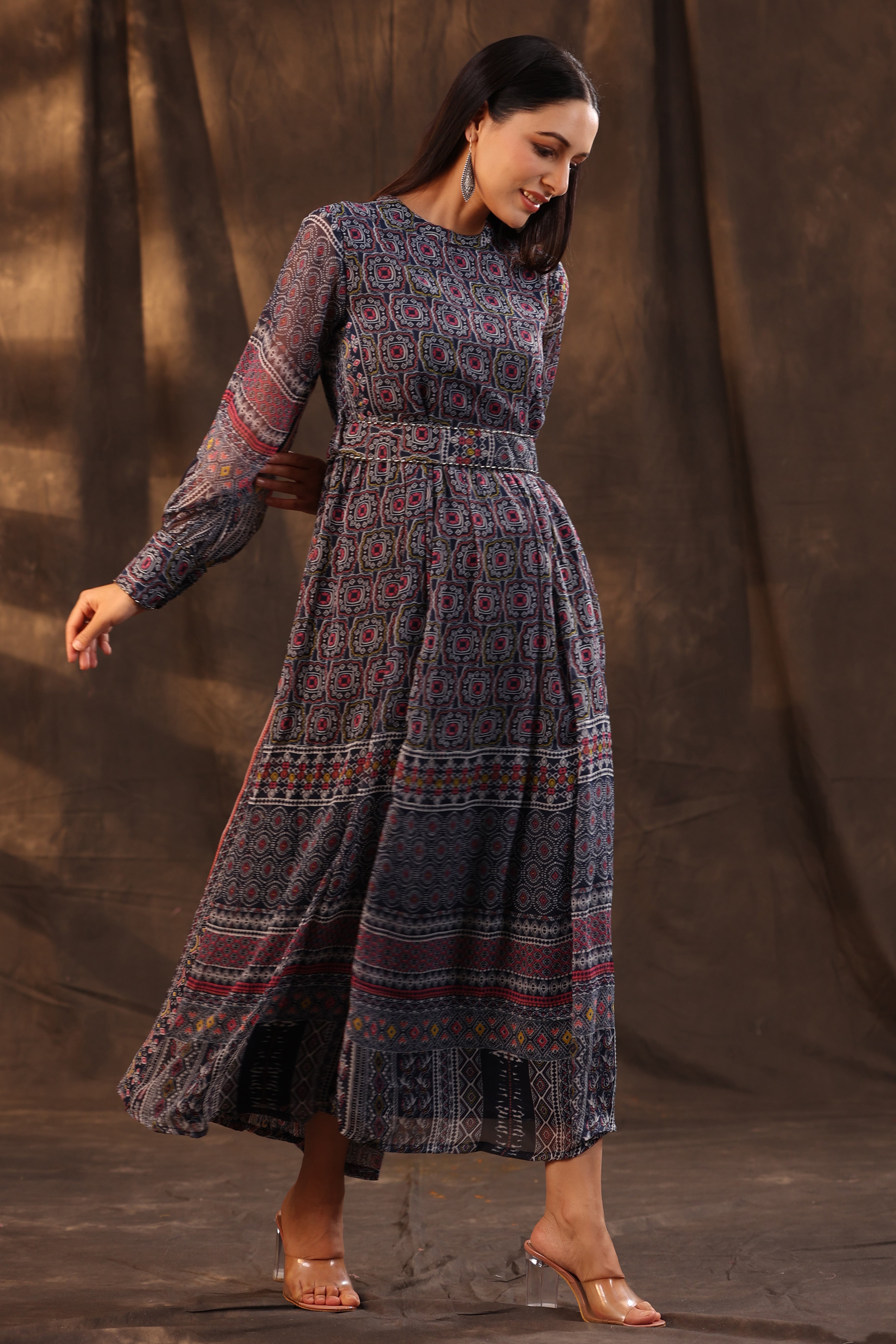 Juniper Navy Blue Geometric Printed Chiffon Flared Maxi Dress With Buttons.