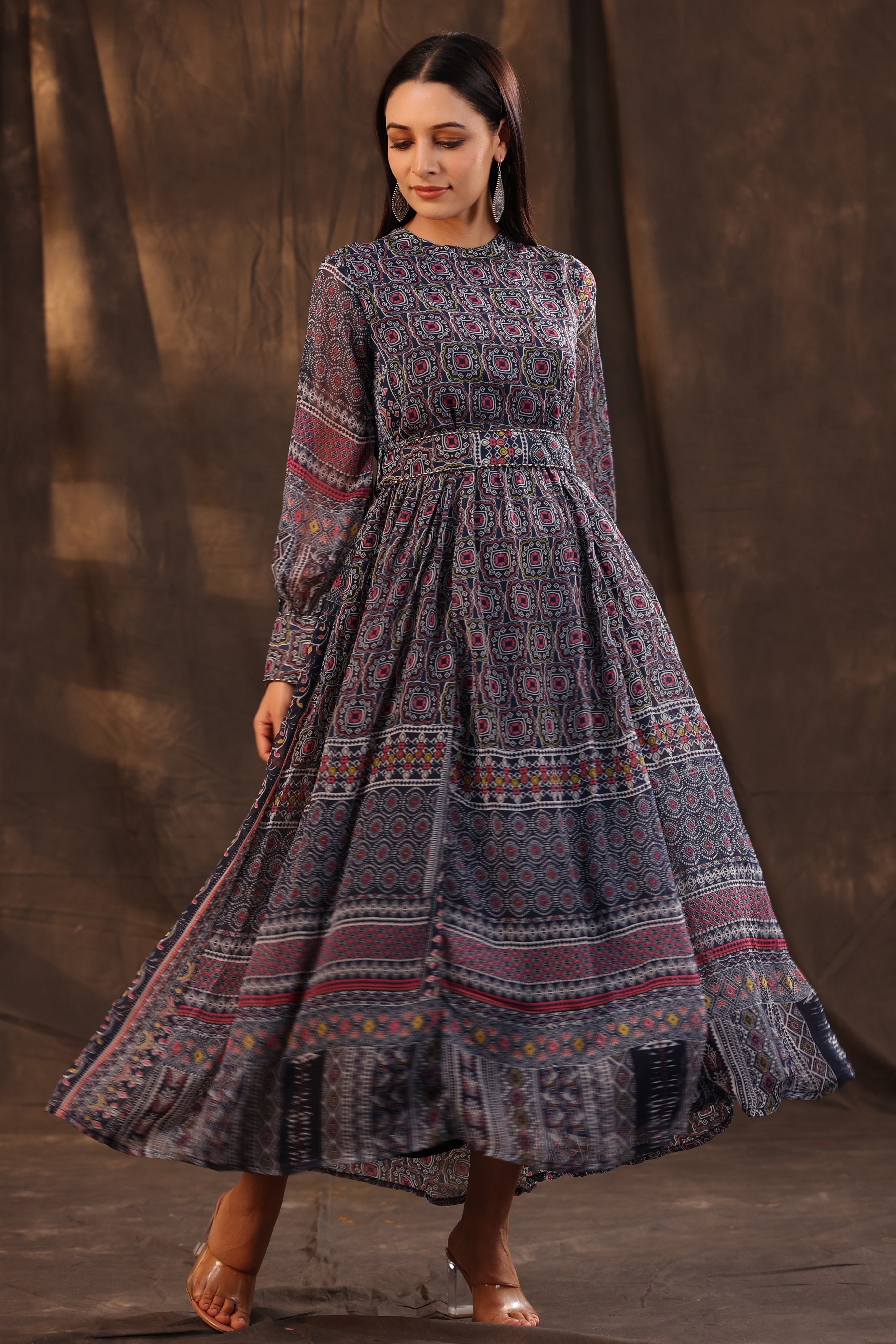 Juniper Navy Blue Geometric Printed Chiffon Flared Maxi Dress With Buttons.