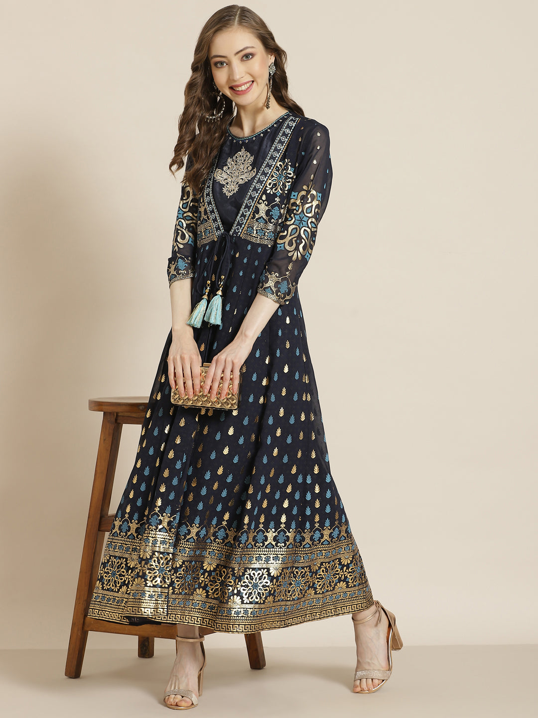 Juniper Navyblue Georgette Jacket Style 2 Pc Dress