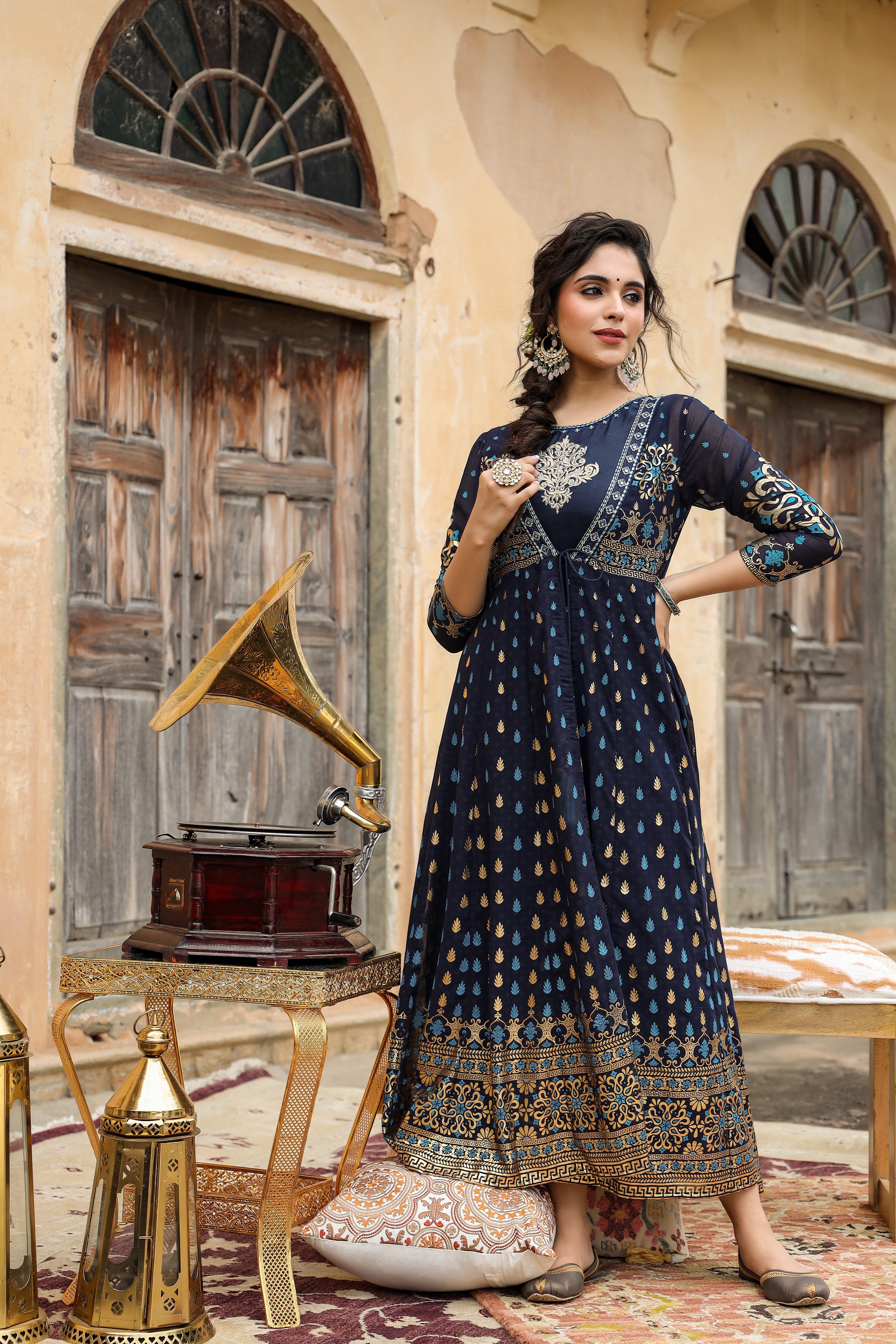 Juniper Navyblue Georgette Jacket Style 2 Pc Dress