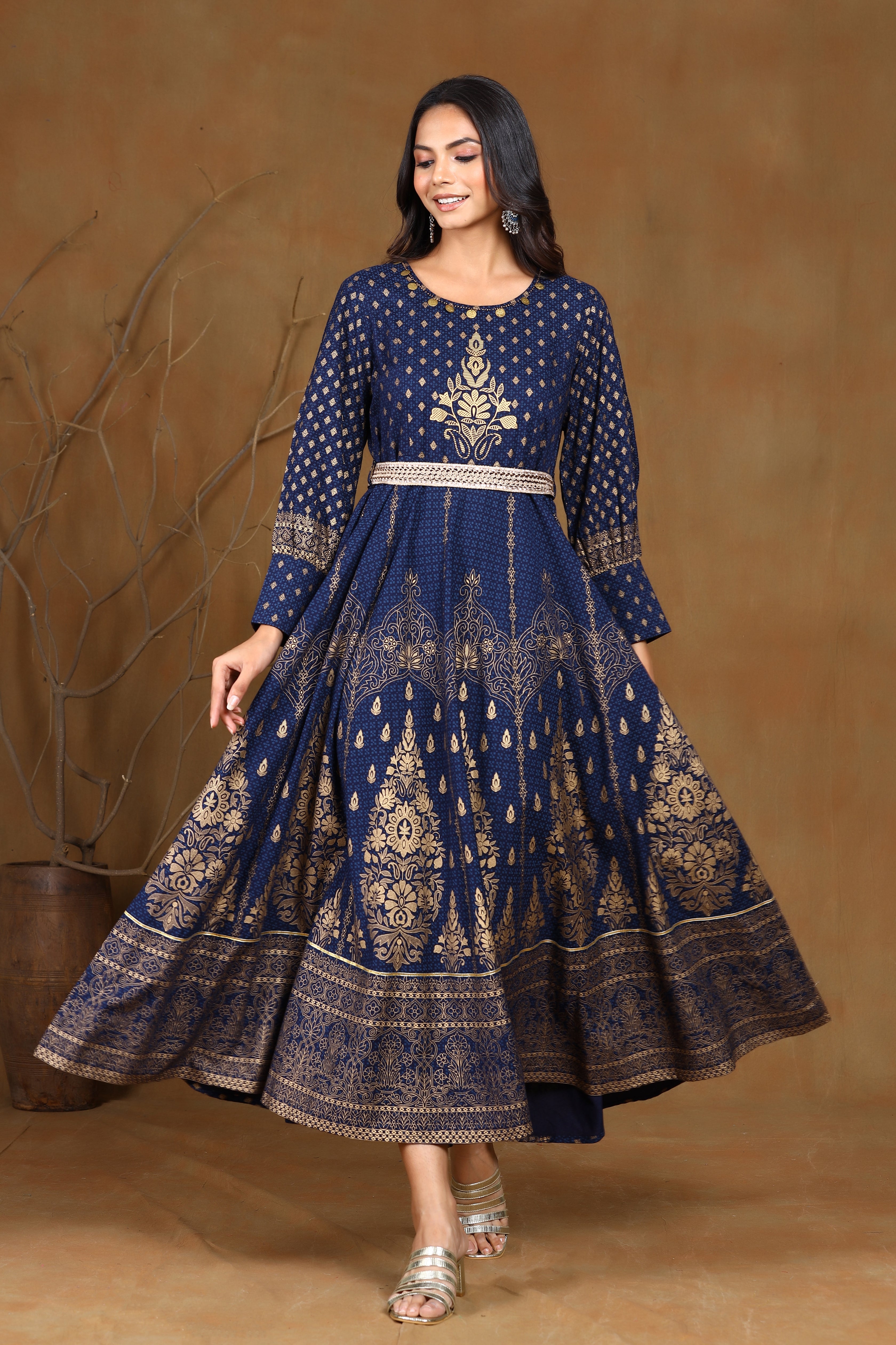Juniper Navyblue LIVA Printed Flared Dress With Belt