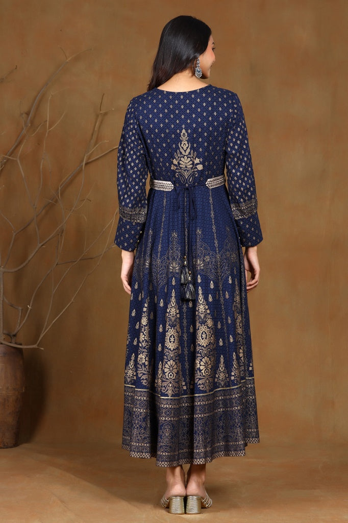 Juniper Navyblue LIVA Printed Flared Dress With Belt