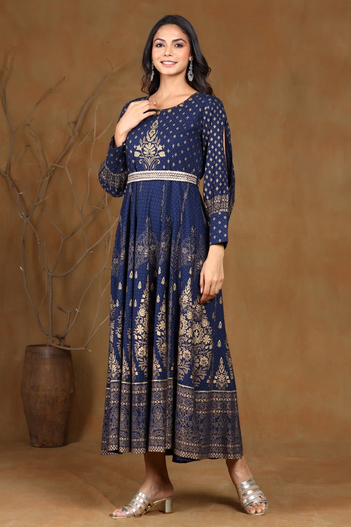 Juniper Navyblue LIVA Printed Flared Dress With Belt