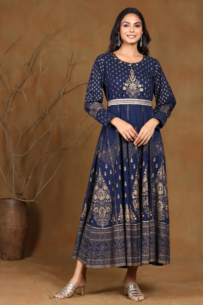Juniper Navyblue LIVA Printed Flared Dress With Belt