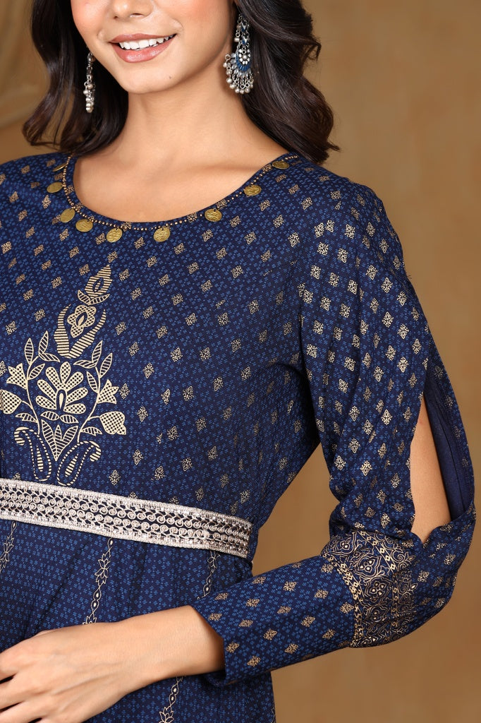 Juniper Navyblue LIVA Printed Flared Dress With Belt