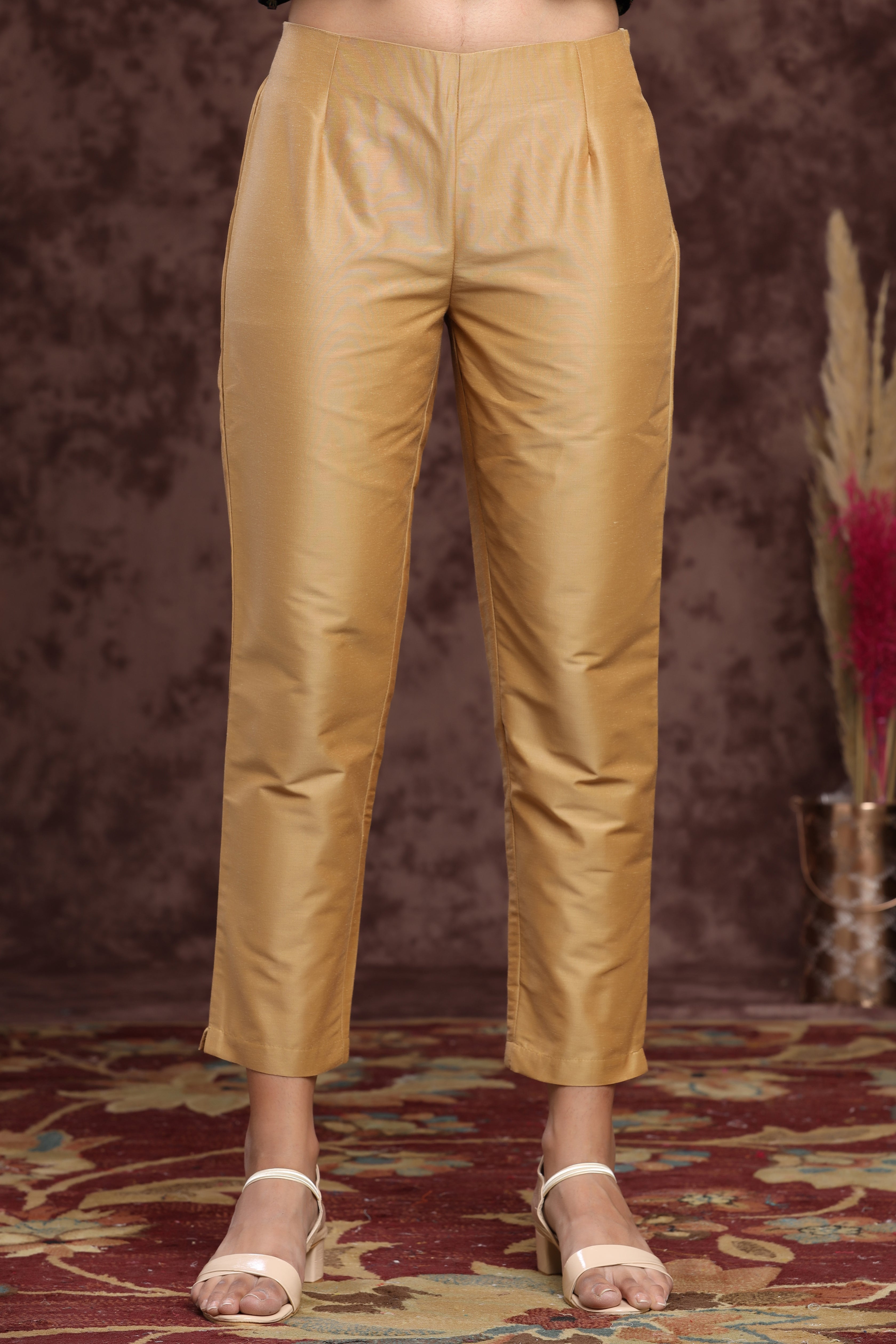 Juniper Gold Solid Poly Silk Slim Fit Pants With Zip Closure