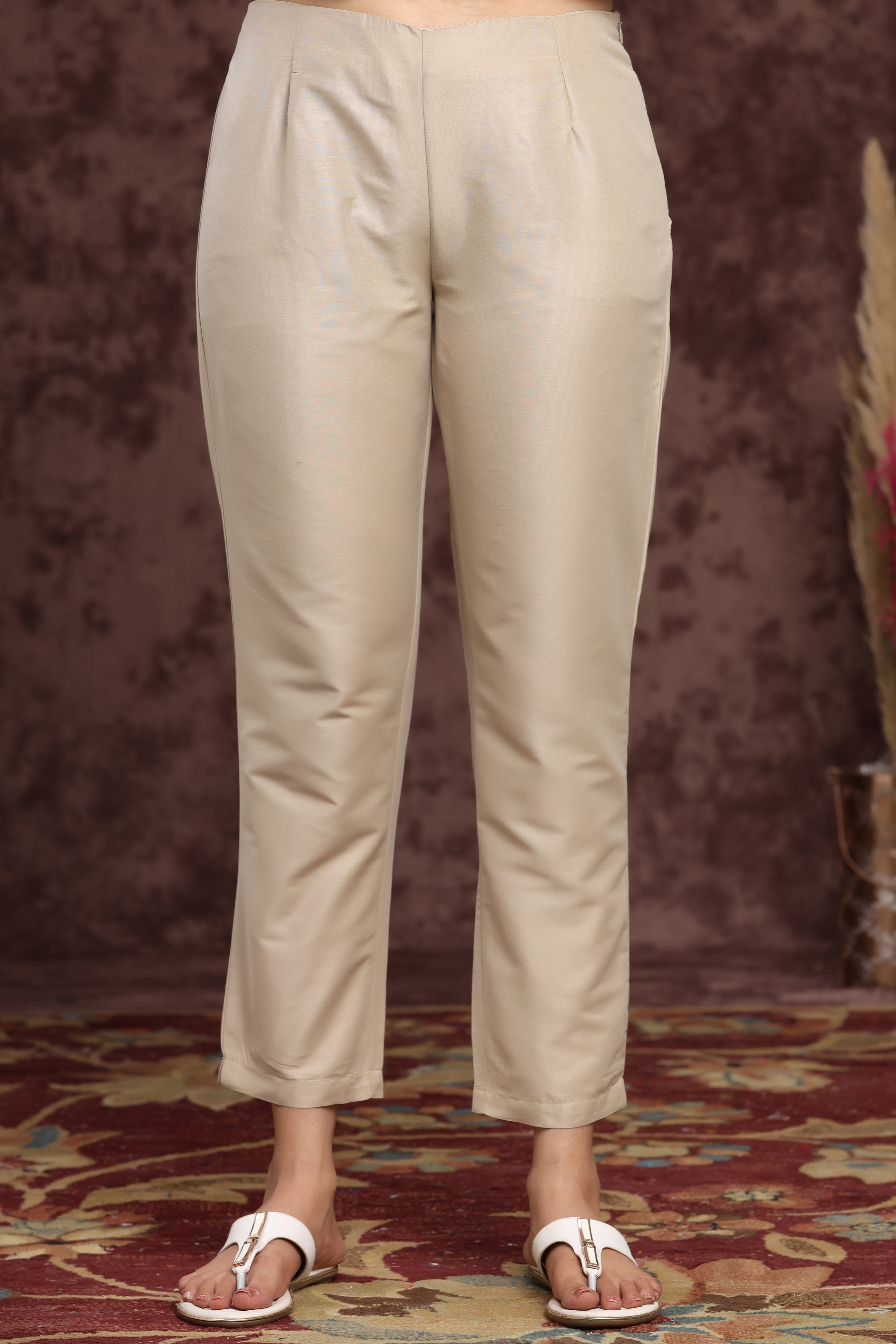Juniper Sand Grey Solid Poly Silk Slim Fit Pants.