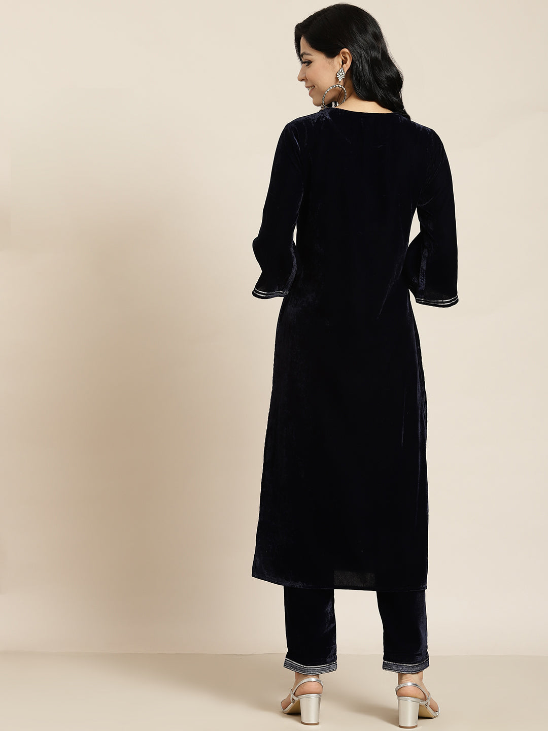 Juniper Navy Velvet Embroidered Straight Kurta Pant Set