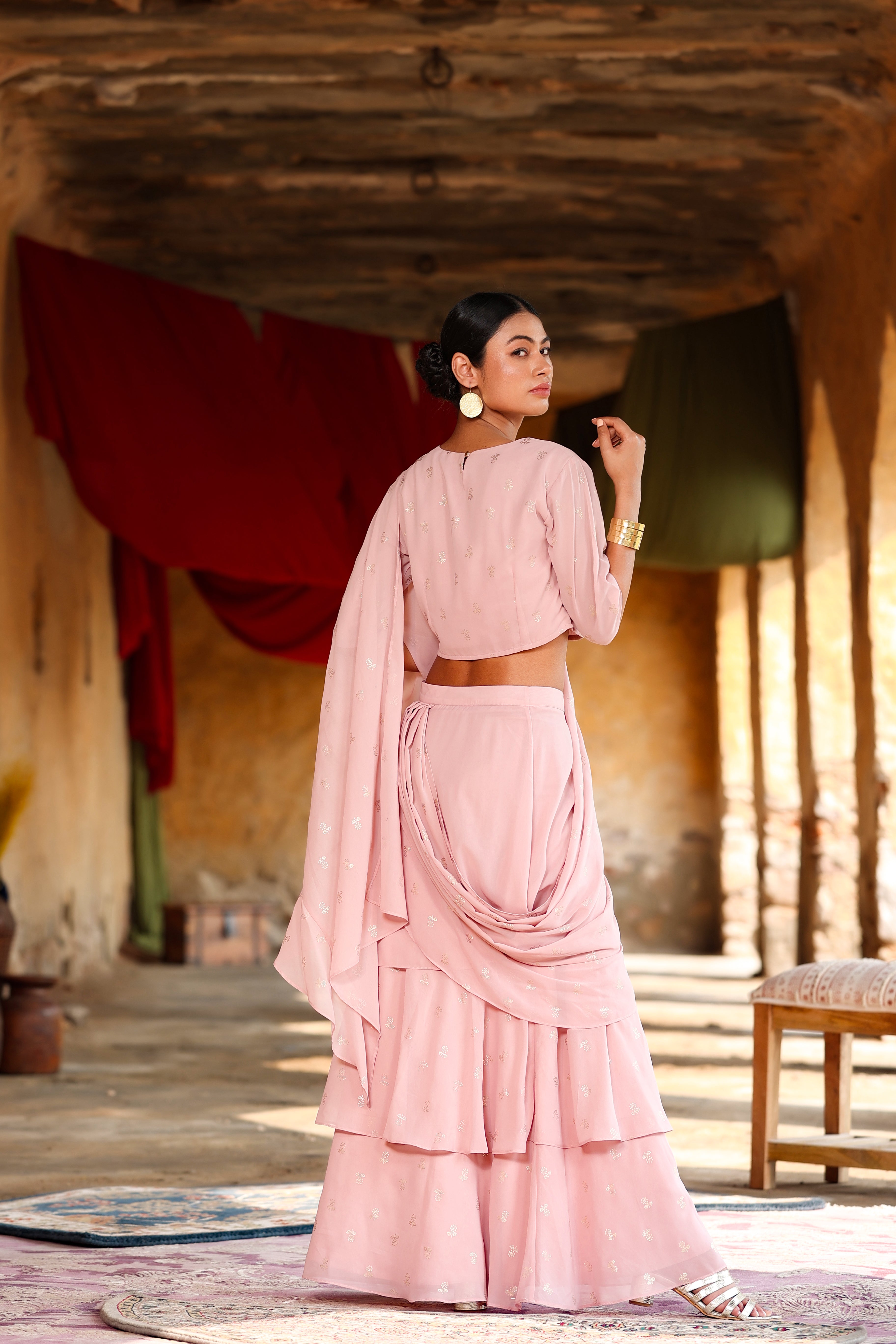 Juniper Pink Georgette Printed Saree Style Crop-Top Skirt Set