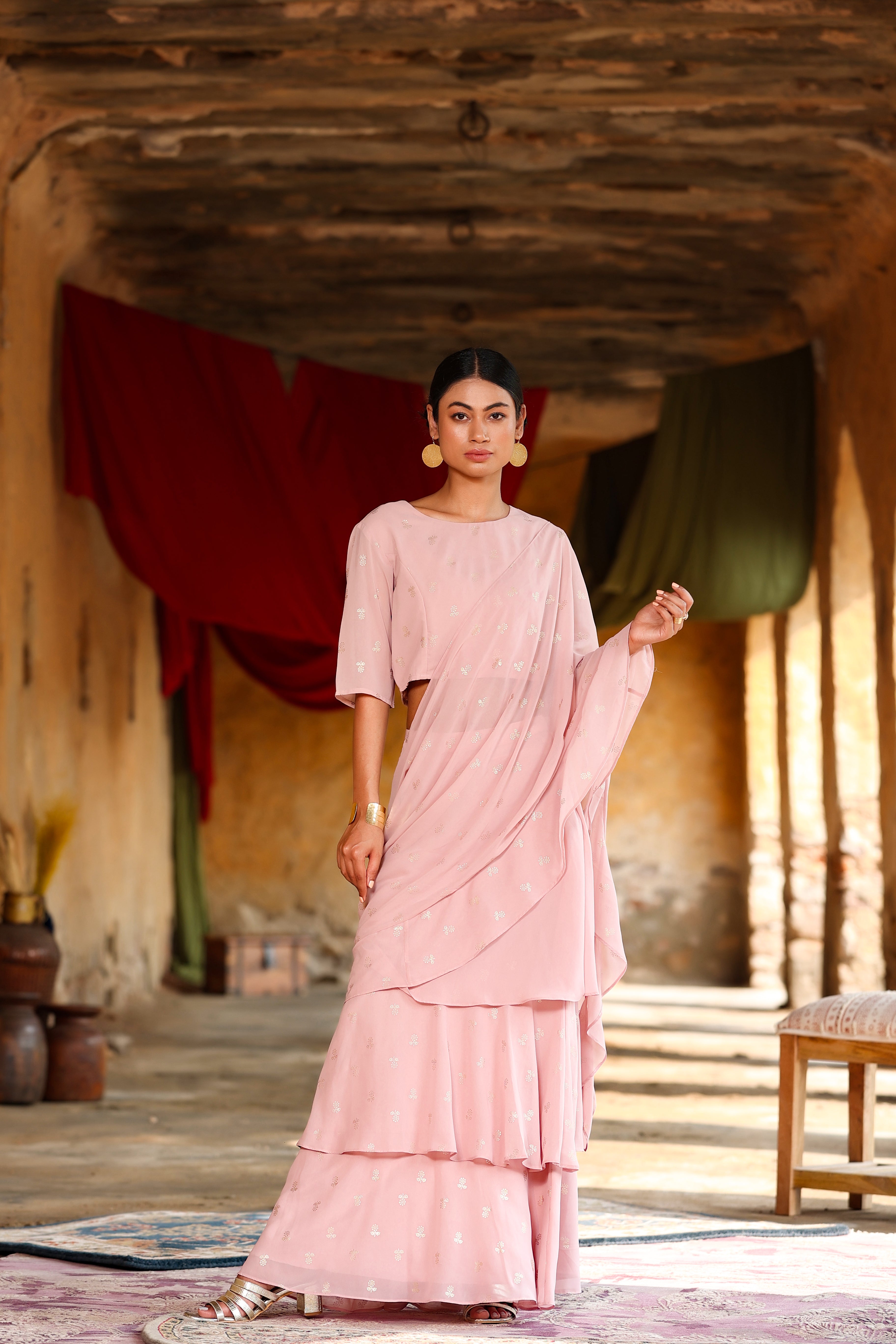 Juniper Pink Georgette Printed Saree Style Crop-Top Skirt Set