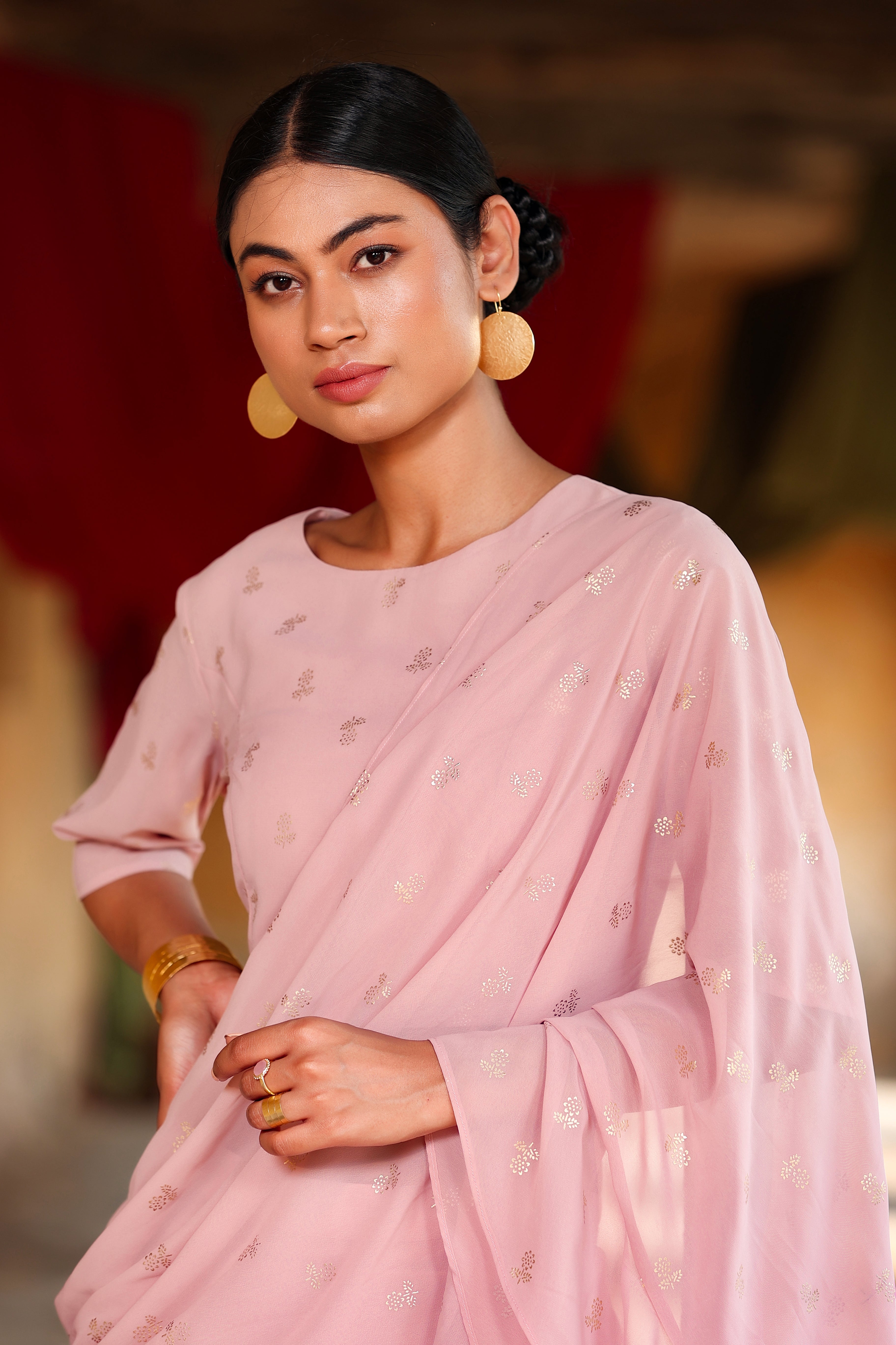 Juniper Pink Georgette Printed Saree Style Crop-Top Skirt Set