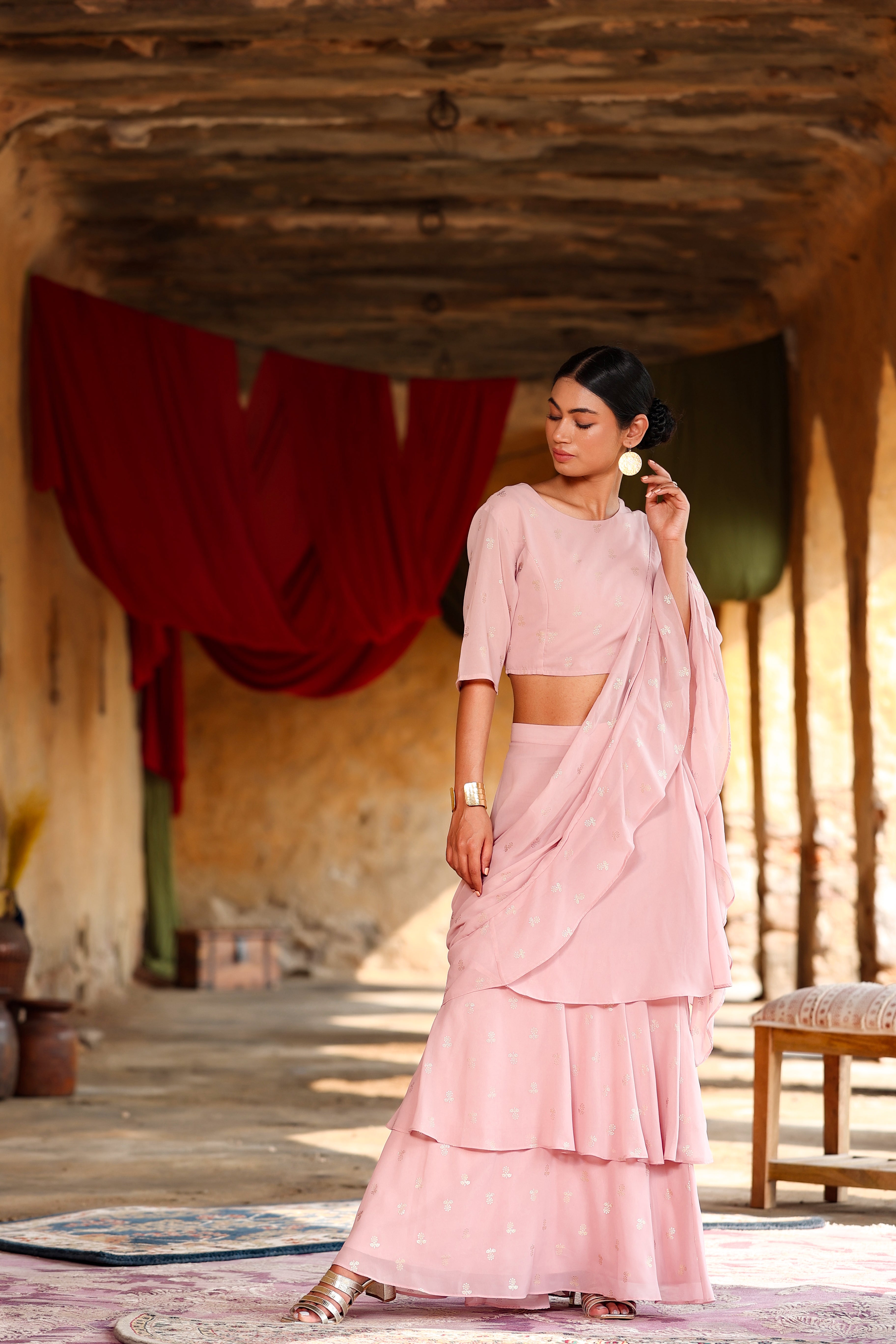 Juniper Pink Georgette Printed Saree Style Crop-Top Skirt Set