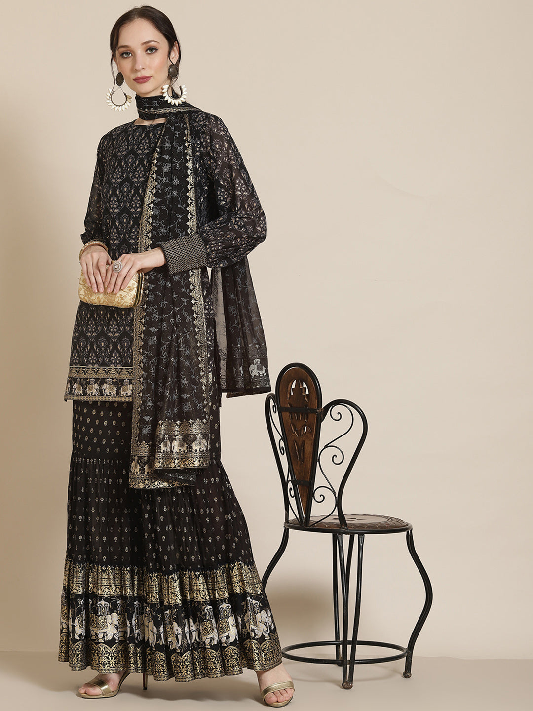 Juniper Black Georgette Printed Straight Kurta Sharara Dupatta Set