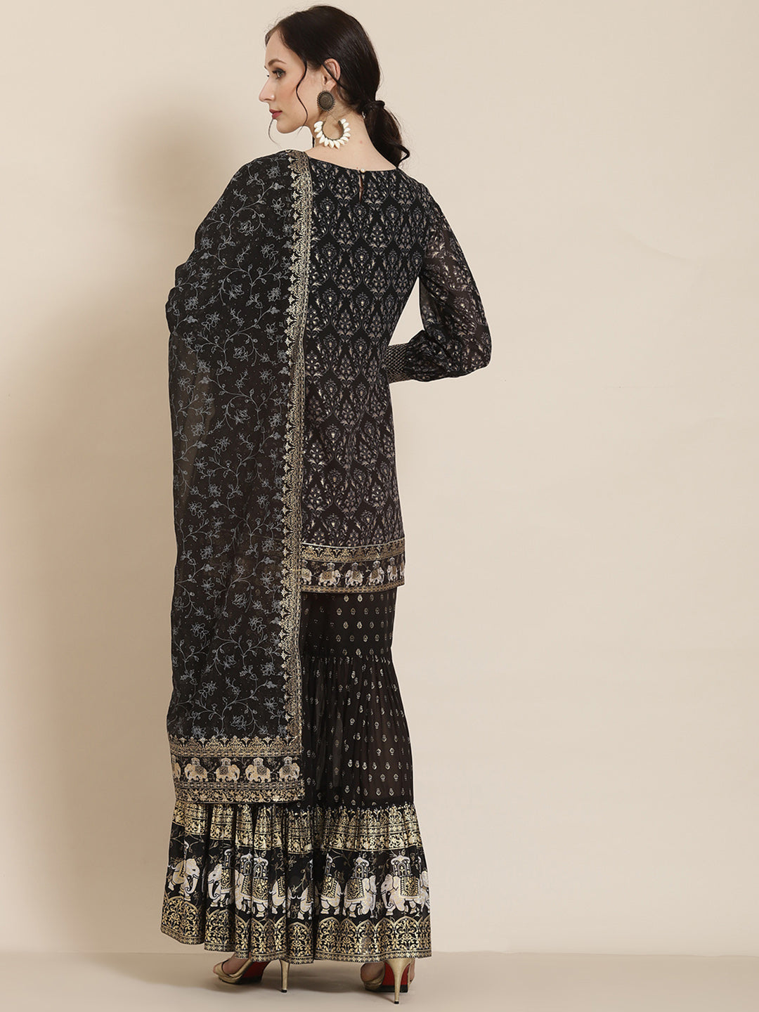 Juniper Black Georgette Printed Straight Kurta Sharara Dupatta Set