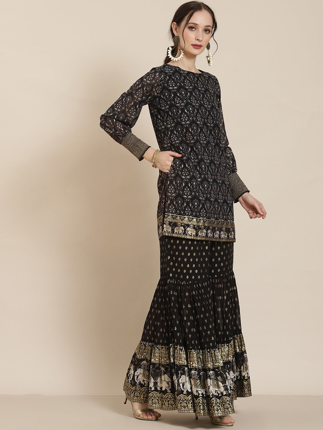 Juniper Black Georgette Printed Straight Kurta Sharara Dupatta Set