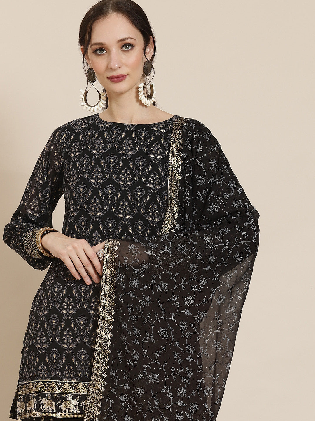 Juniper Black Georgette Printed Straight Kurta Sharara Dupatta Set