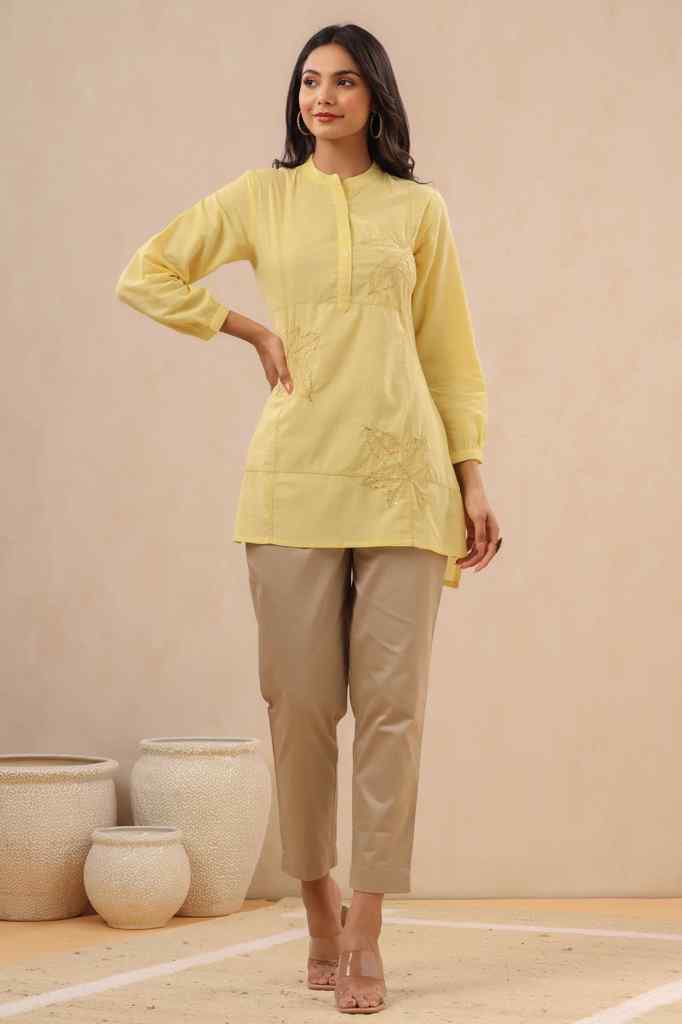 Juniper Yellow cotton slub embroidered high low tunic