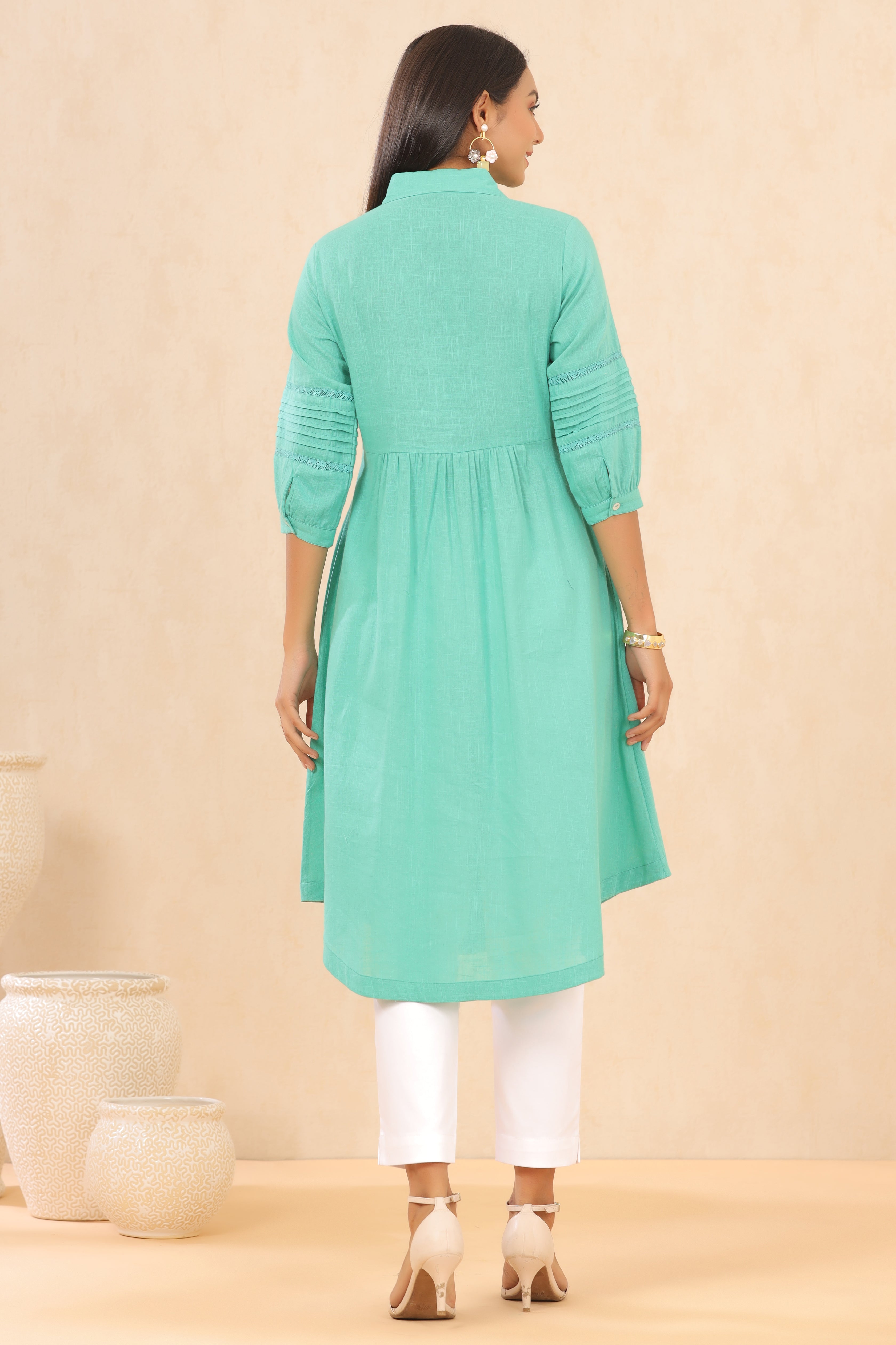 Juniper Turquoise Cotton Slub Solid A-Line Dress