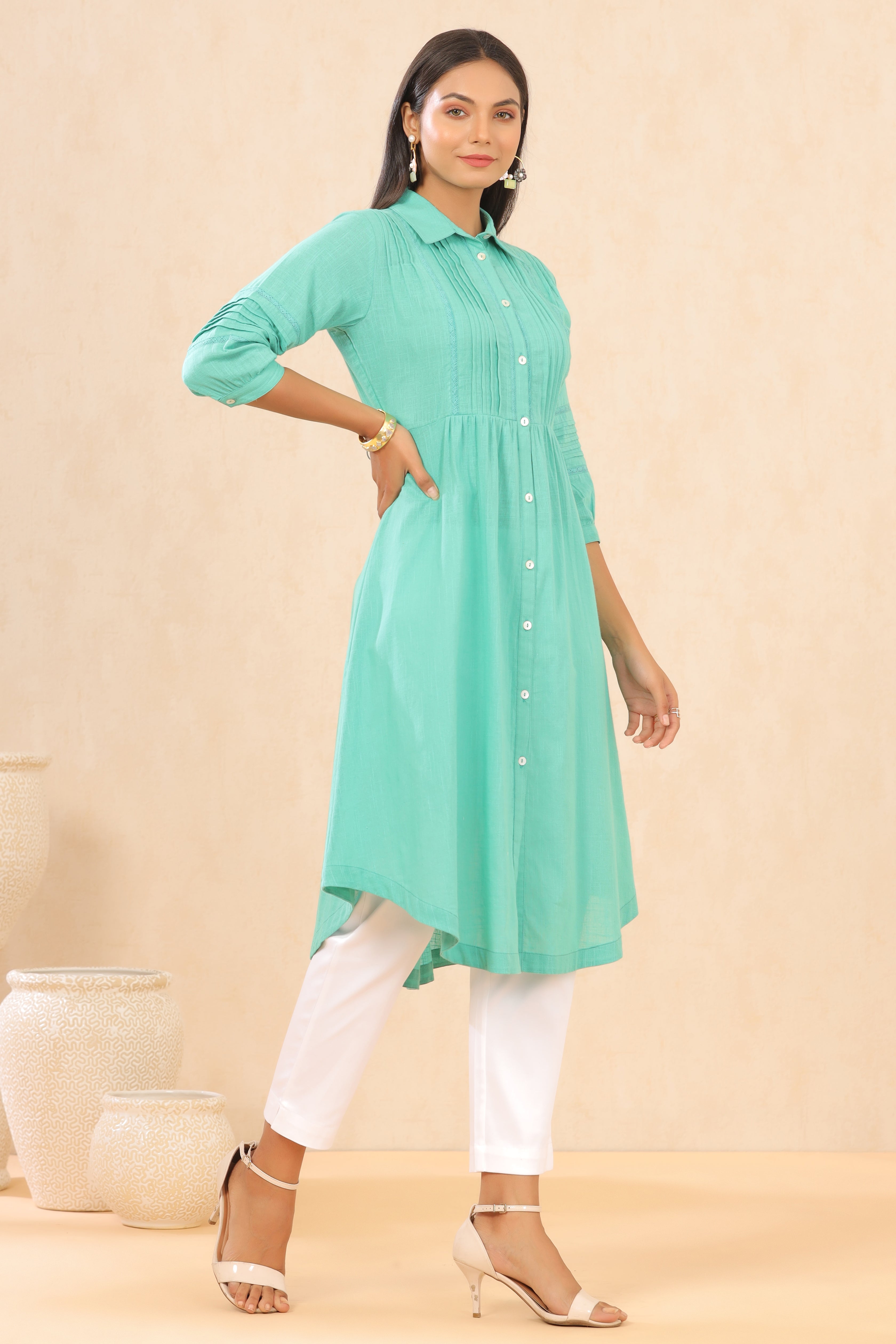 Juniper Turquoise Cotton Slub Solid A-Line Dress