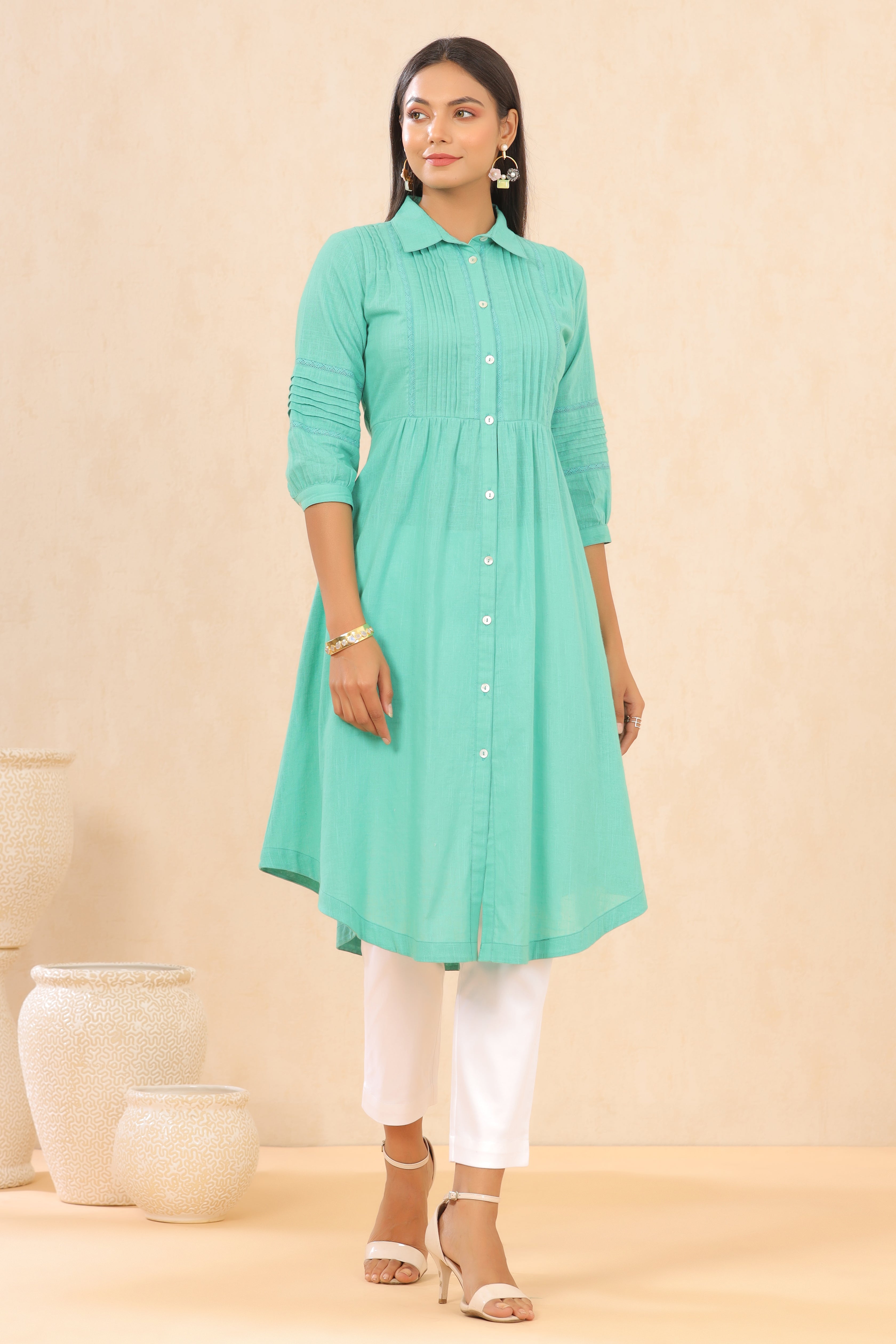 Juniper Turquoise Cotton Slub Solid A-Line Dress