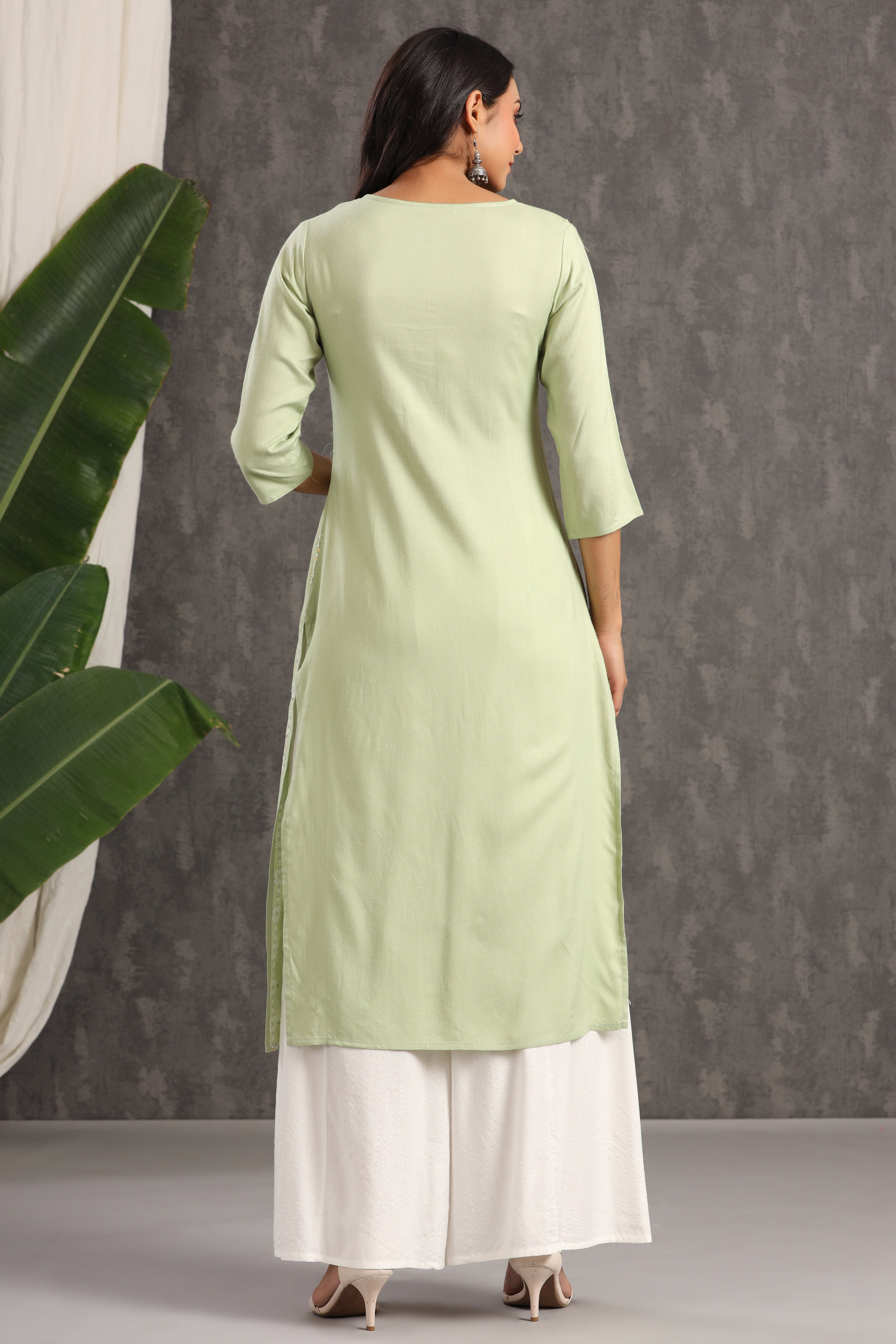 Juniper Women's Light Olive Rayon Embroidered Straight Kurta
