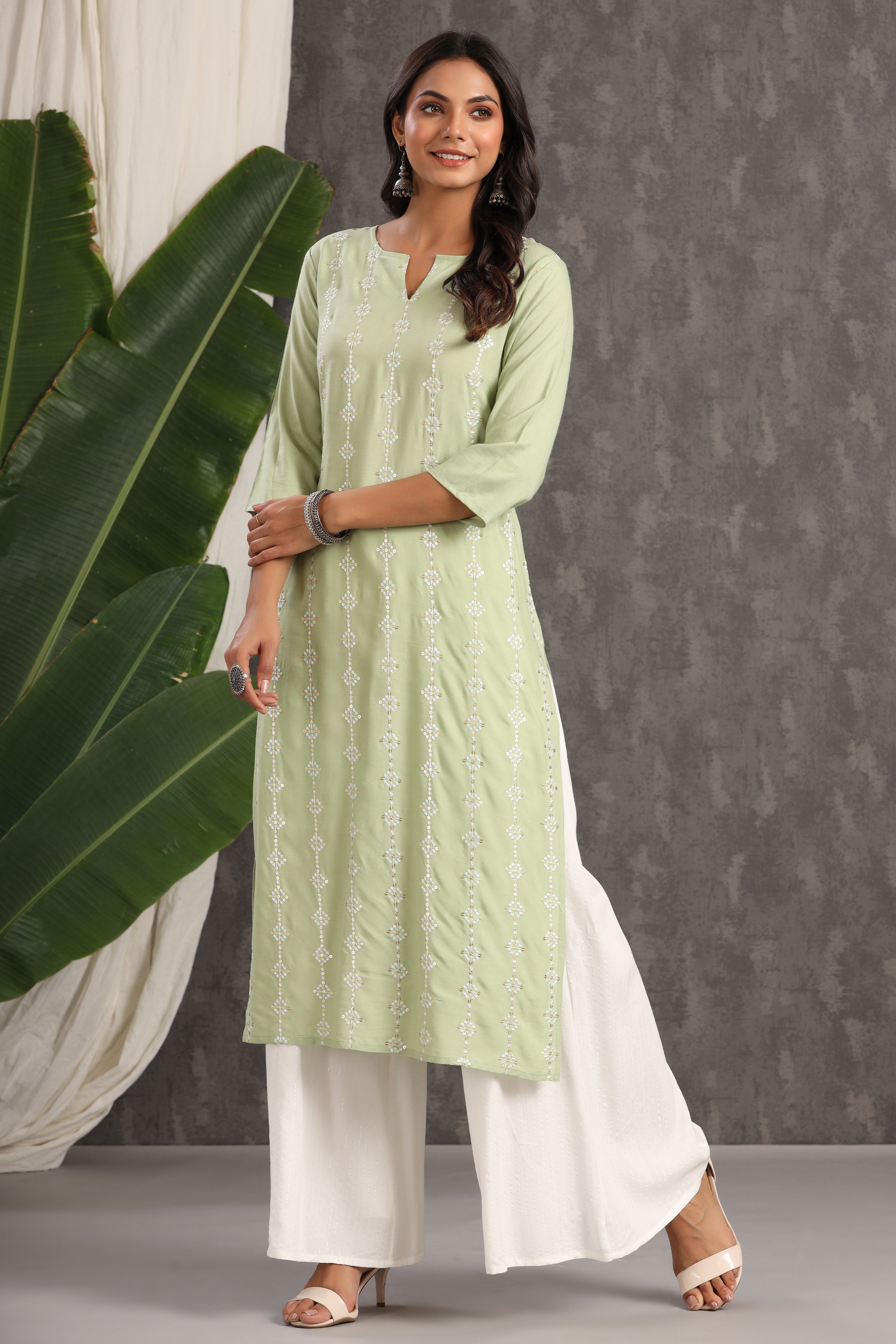 Juniper Women's Light Olive Rayon Embroidered Straight Kurta