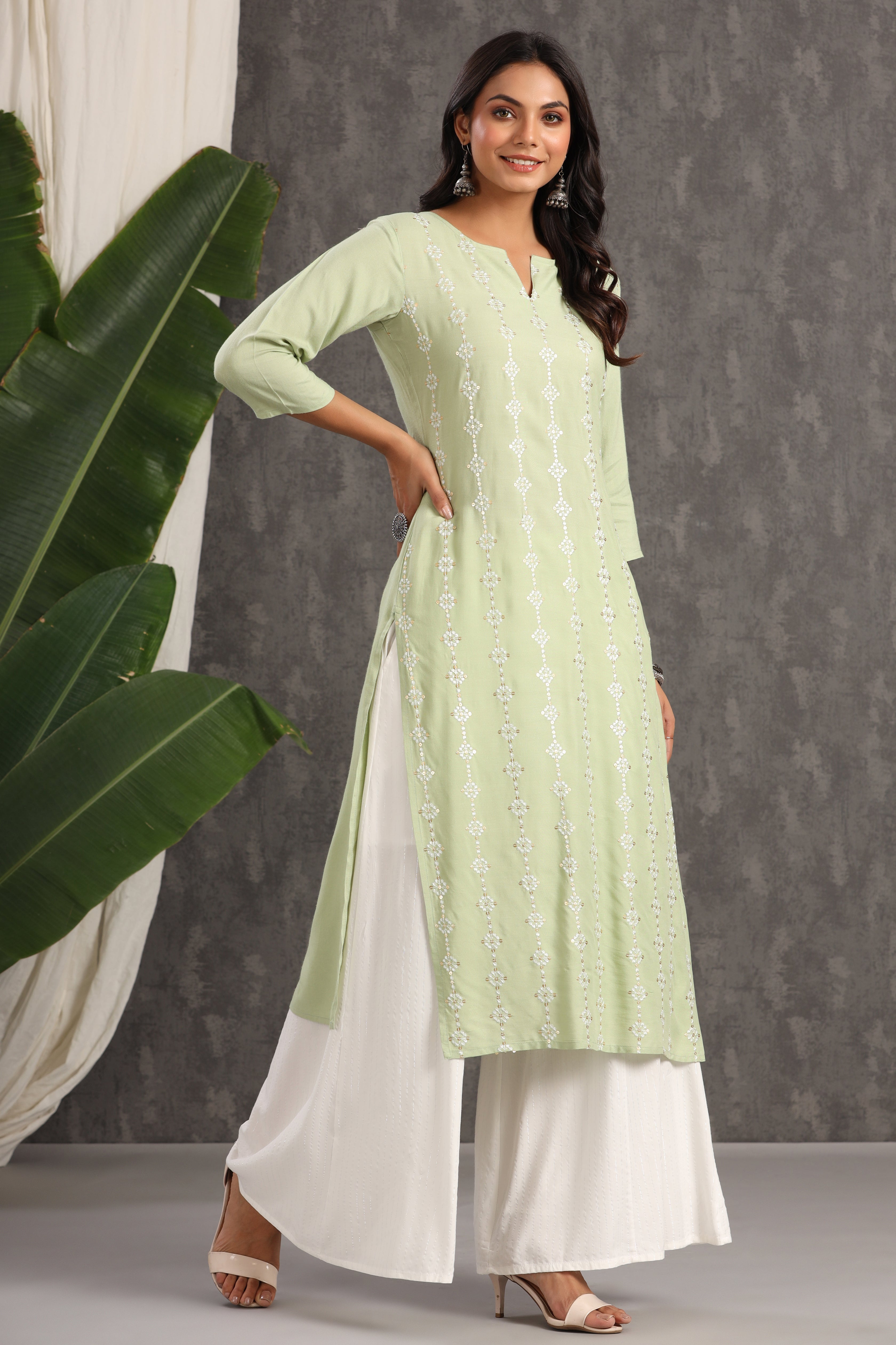 Juniper Women's Light Olive Rayon Embroidered Straight Kurta