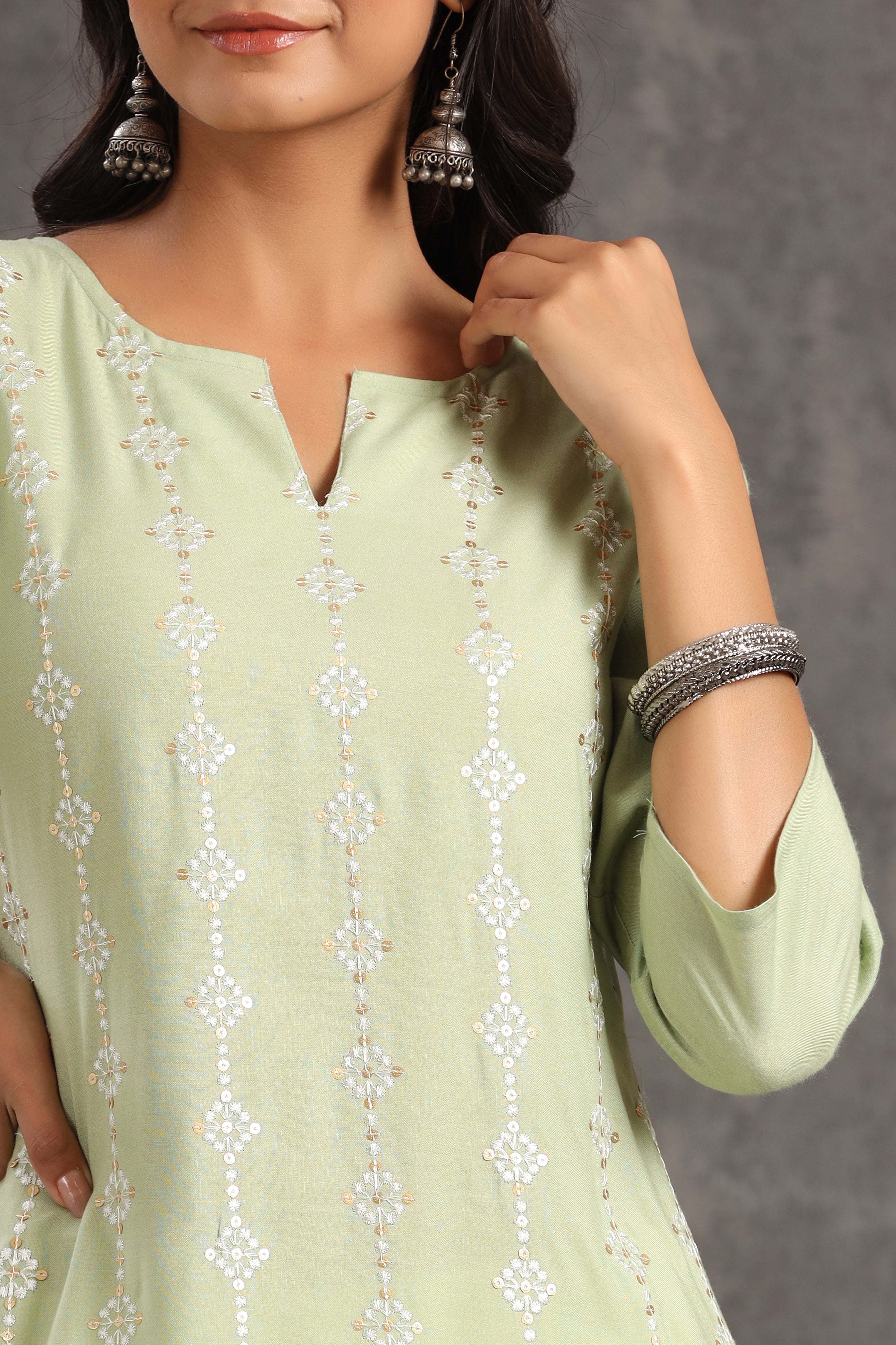 Juniper Women's Light Olive Rayon Embroidered Straight Kurta