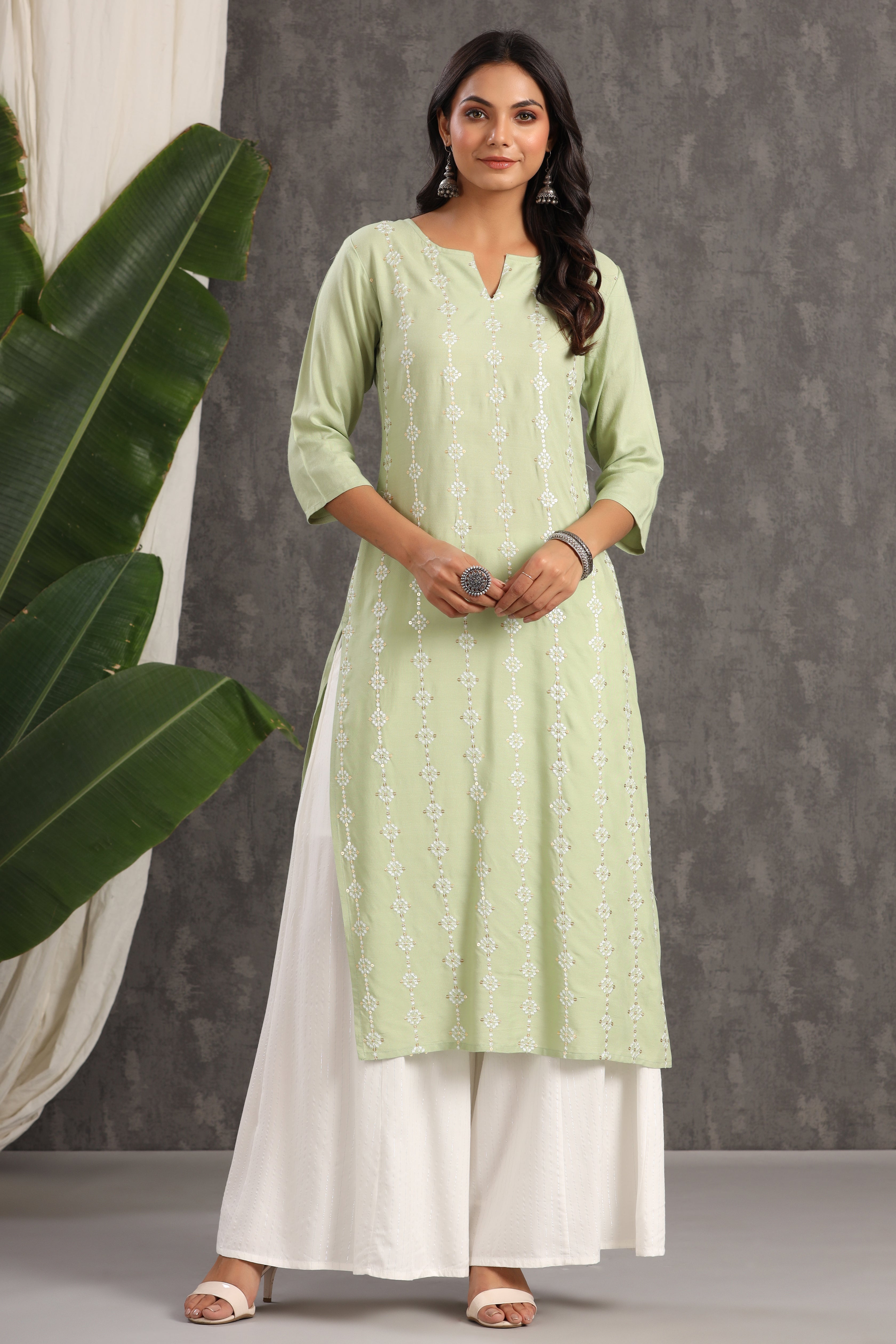 Juniper Women's Light Olive Rayon Embroidered Straight Kurta