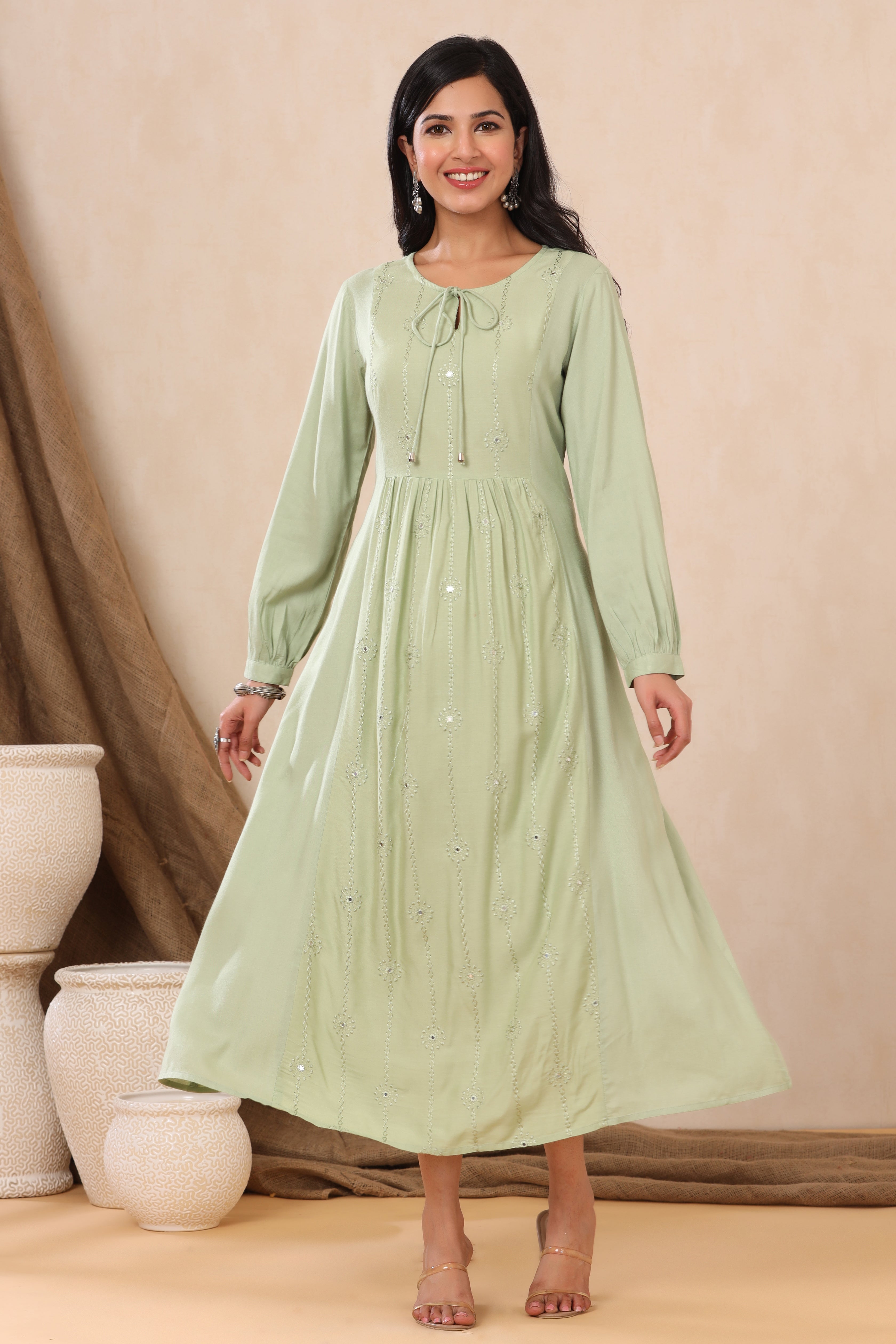 Juniper Light Olive Rayon Embroidered A-Line Dress